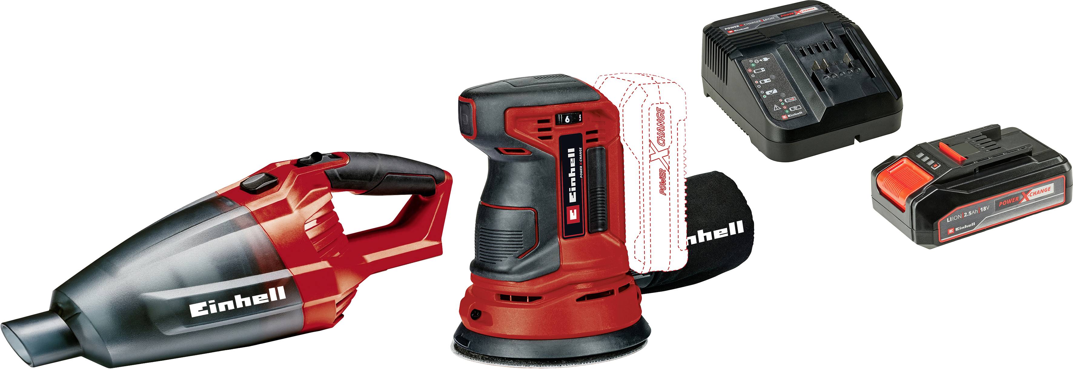 Einhell vacuum cleaner, sanding machine and charger with battery. Red and black tools for DIY work.