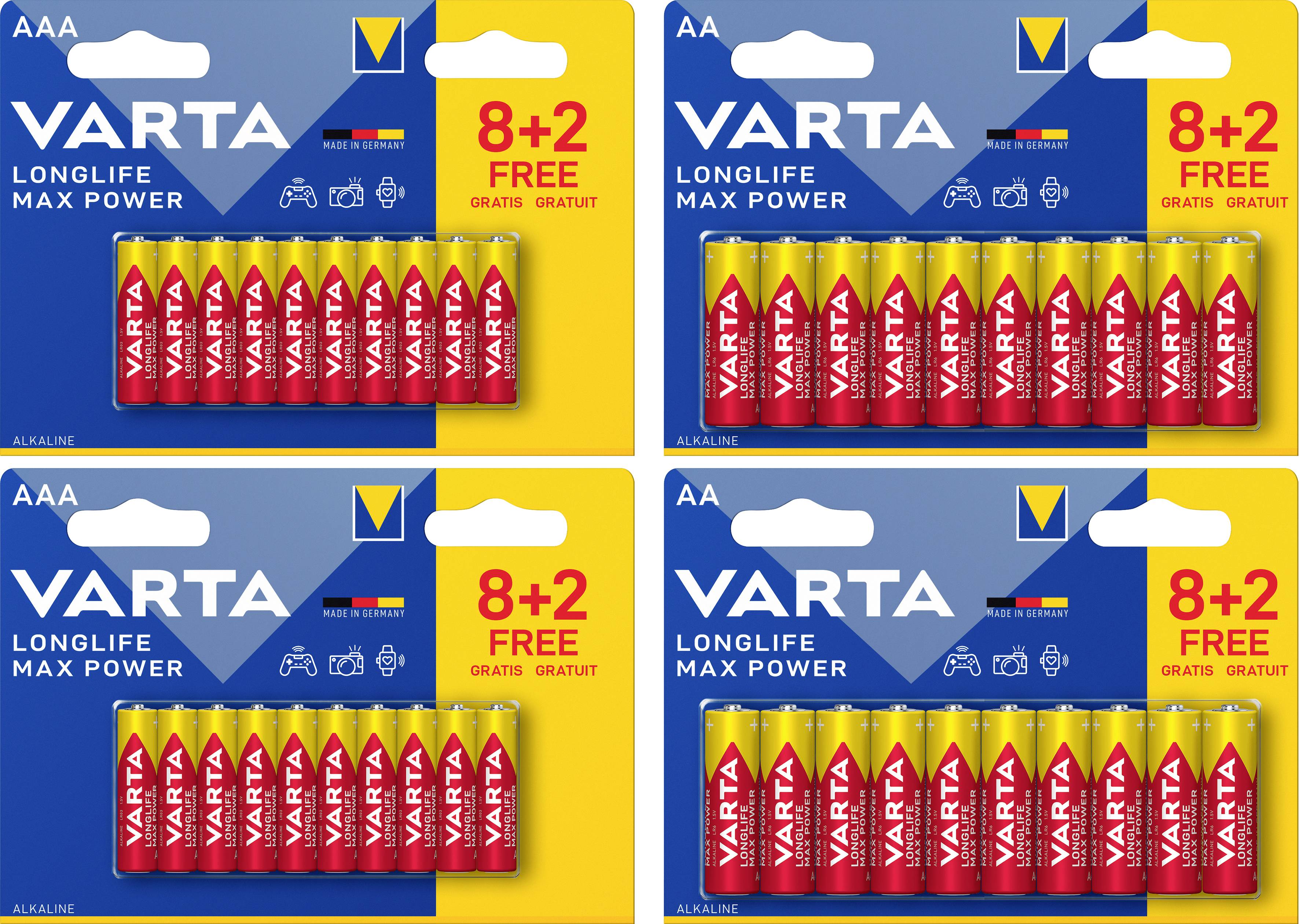 'Varta Longlife Max Power AAA Batteries, 8+2 Free Pack. Alkaline.' Shows four packs, each containing ten AAA batteries.