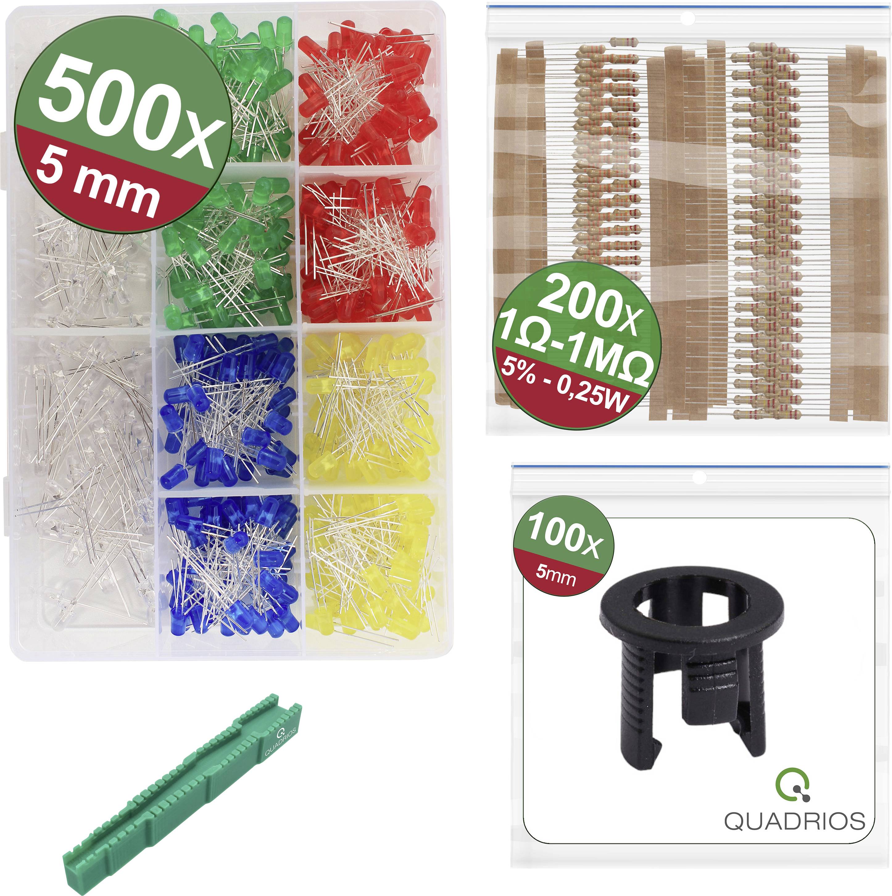 Collection box with 500 LEDs in Red, Green, Blue and Yellow. 200 carbon film resistors, 100 terminal blocks with 5mm diameter. Brand: Quadrio.