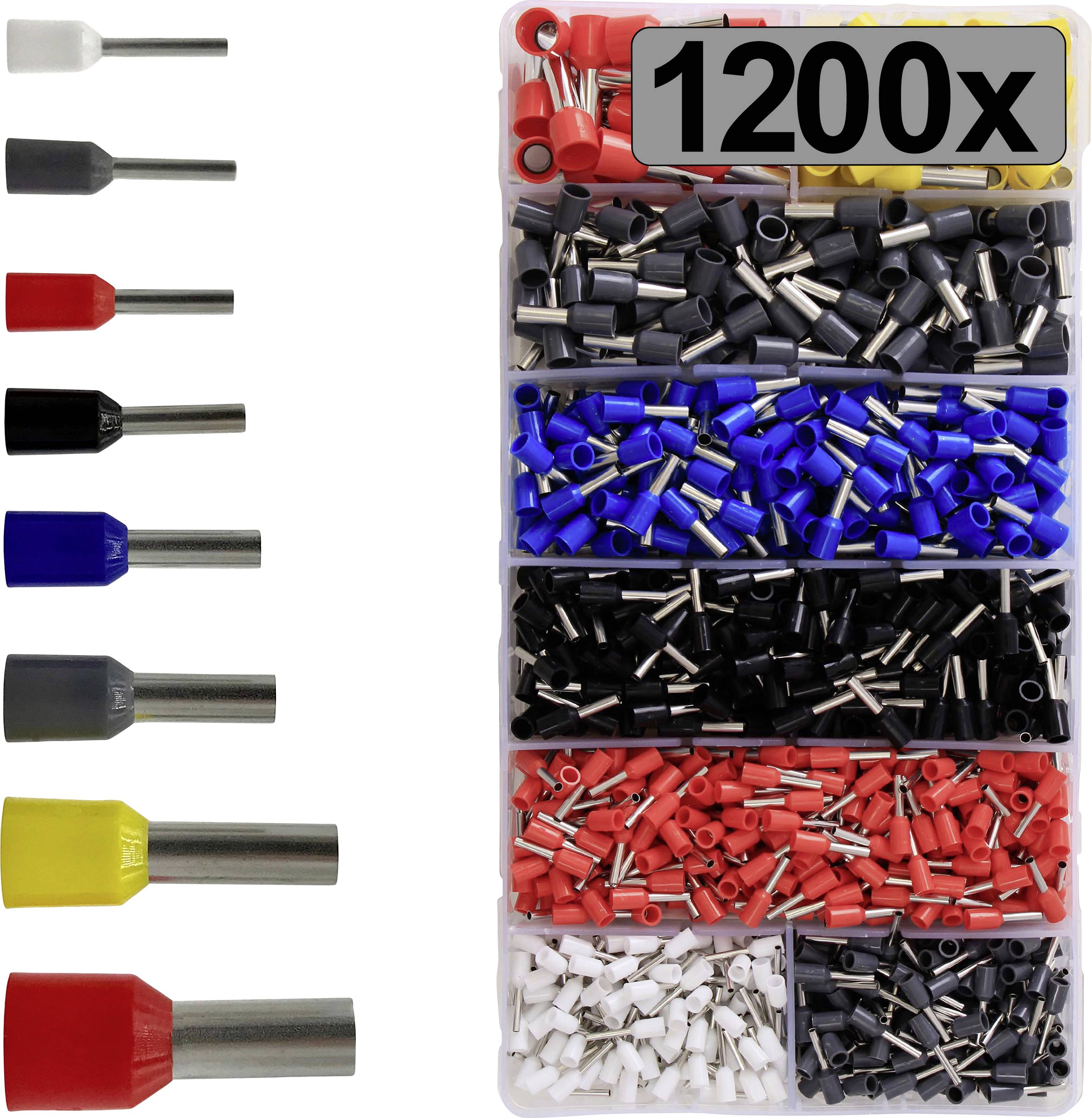 Storage box with 1200 wire end ferrules in various colours and sizes, organised in compartments. Example ferrules are shown on the left.