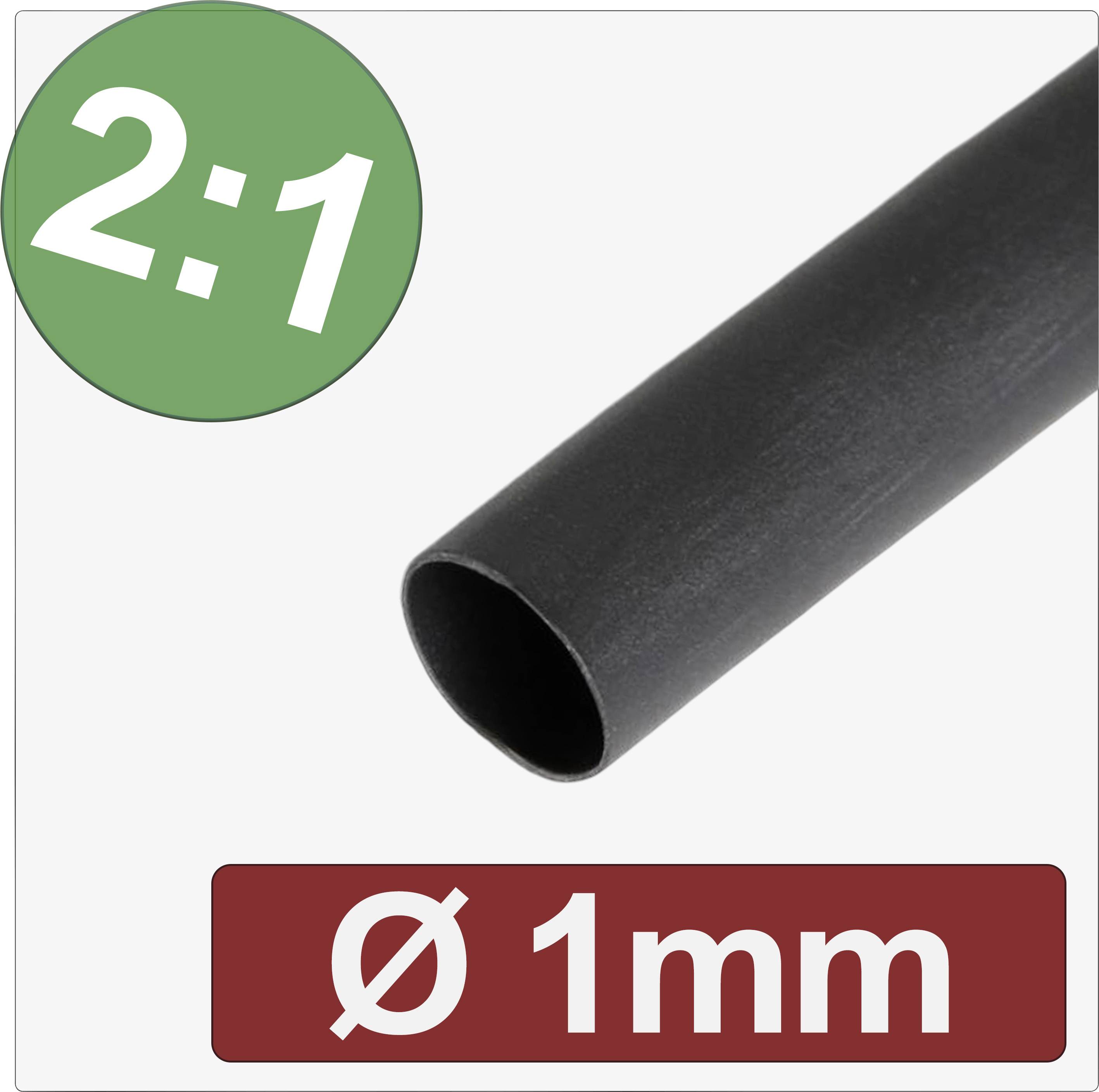 Heat-shrink tubing with a diameter of 1 mm. The 2:1 ratio indicates the shrinkage rate. Black in colour, for technical application.