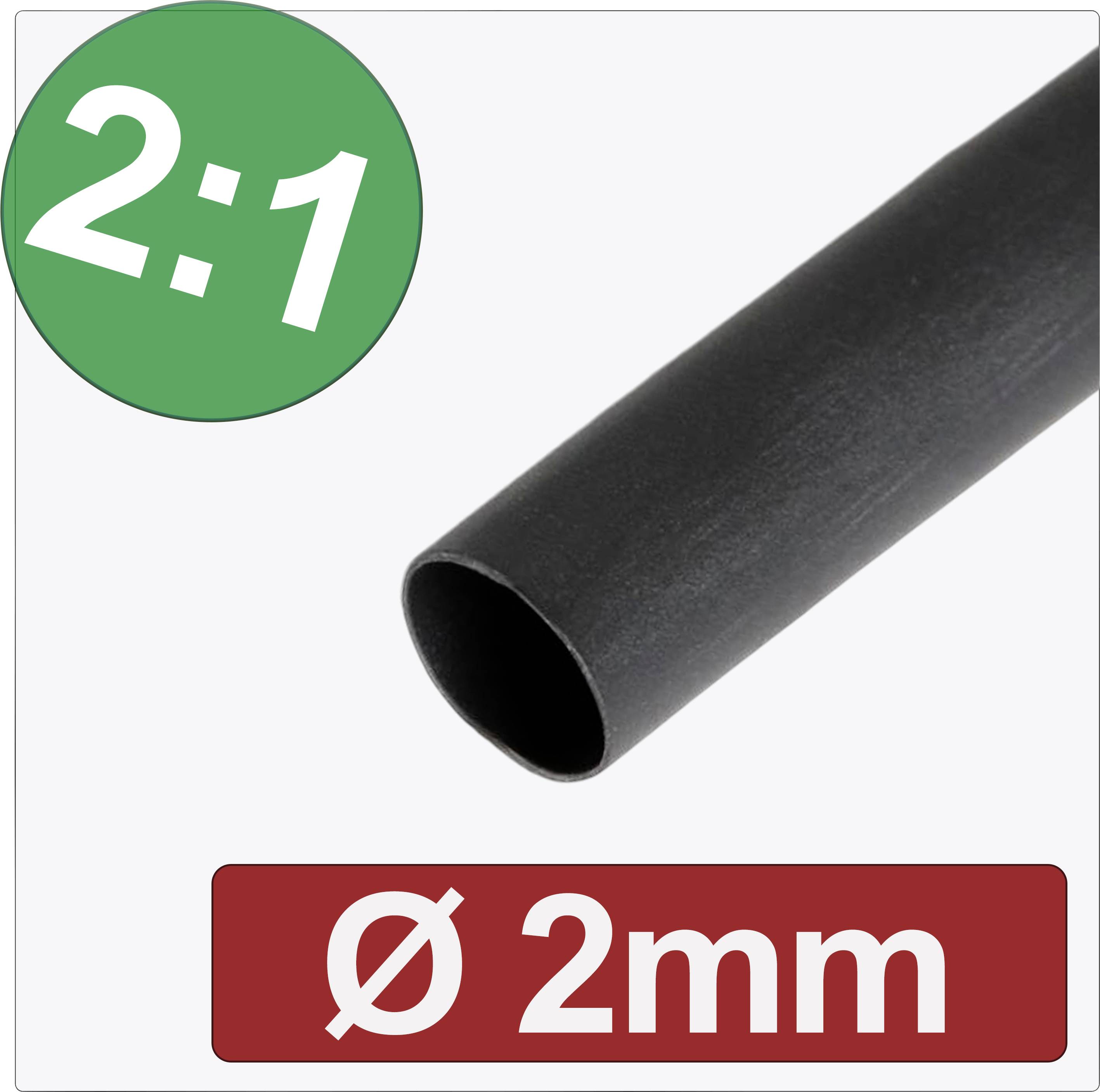 Heat shrink tubing in black with a diameter of 2 mm and a shrink ratio of 2:1.