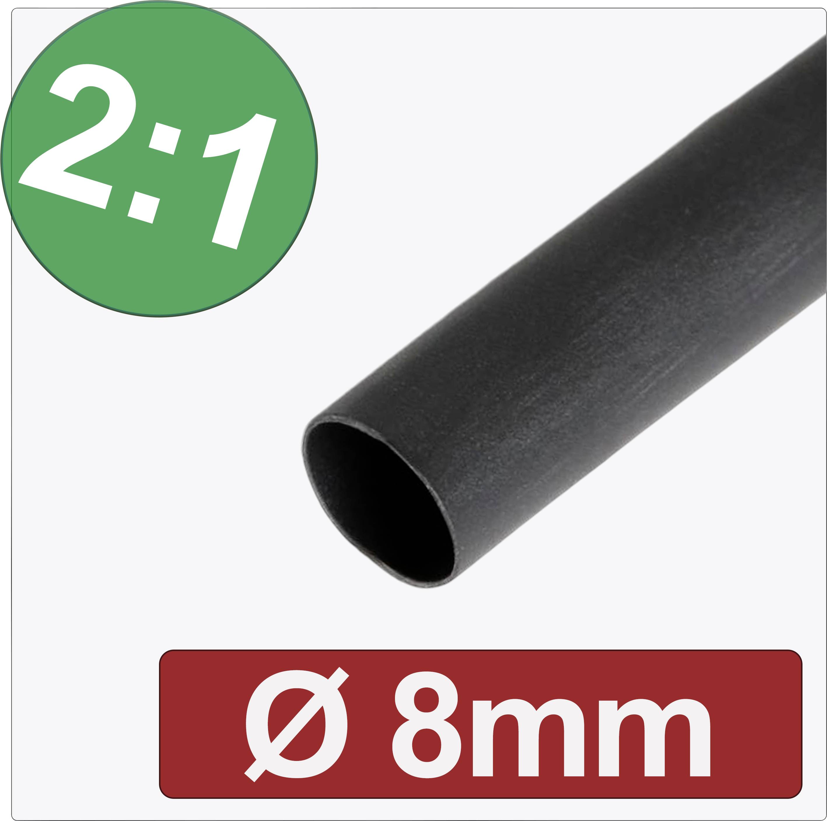 Black heat shrink tubing, Ø 8mm, shrink ratio 2:1, on white background.