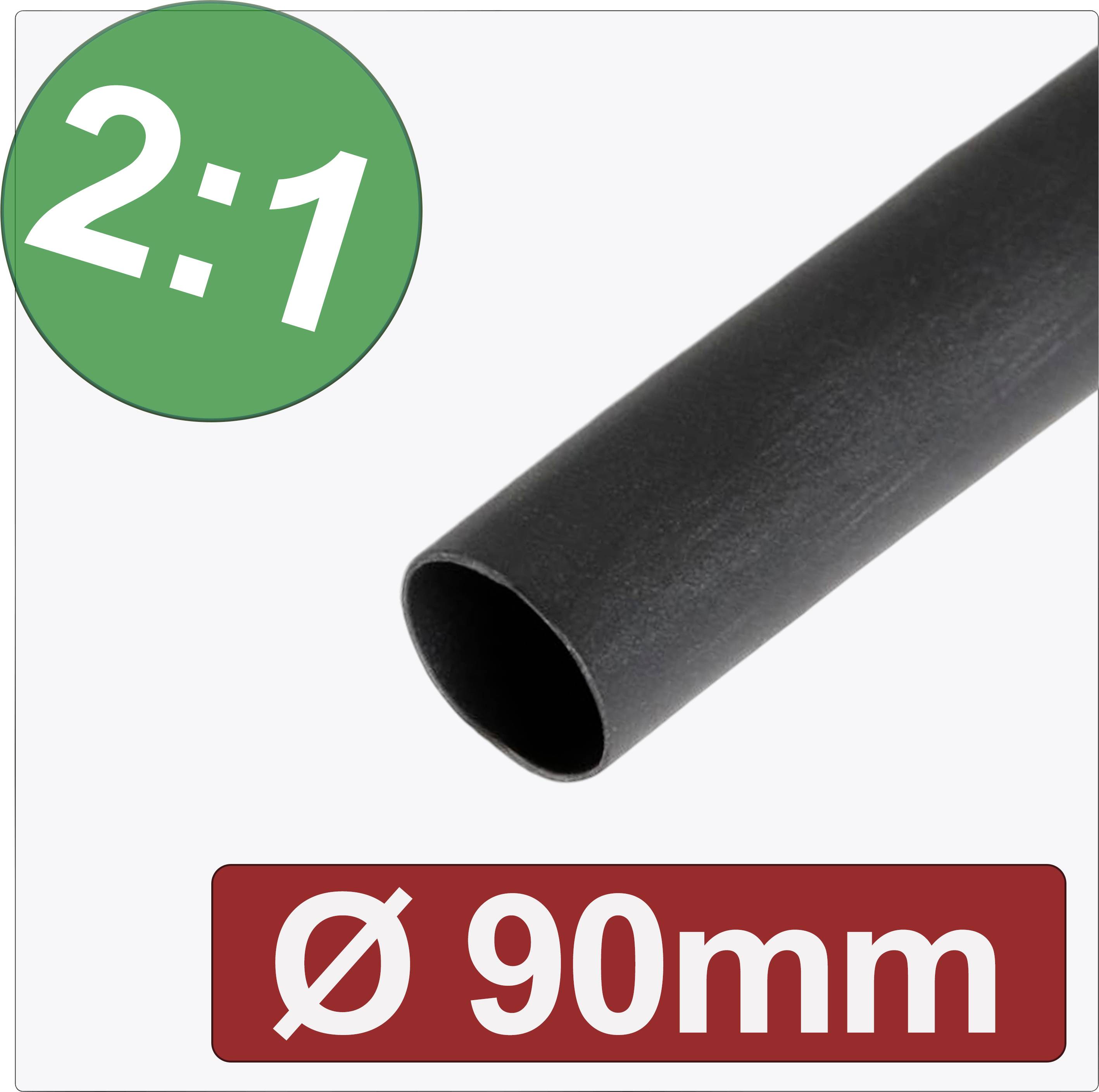 Black heat shrink tubing with a shrink ratio of 2:1 and a diameter of 90 mm.
