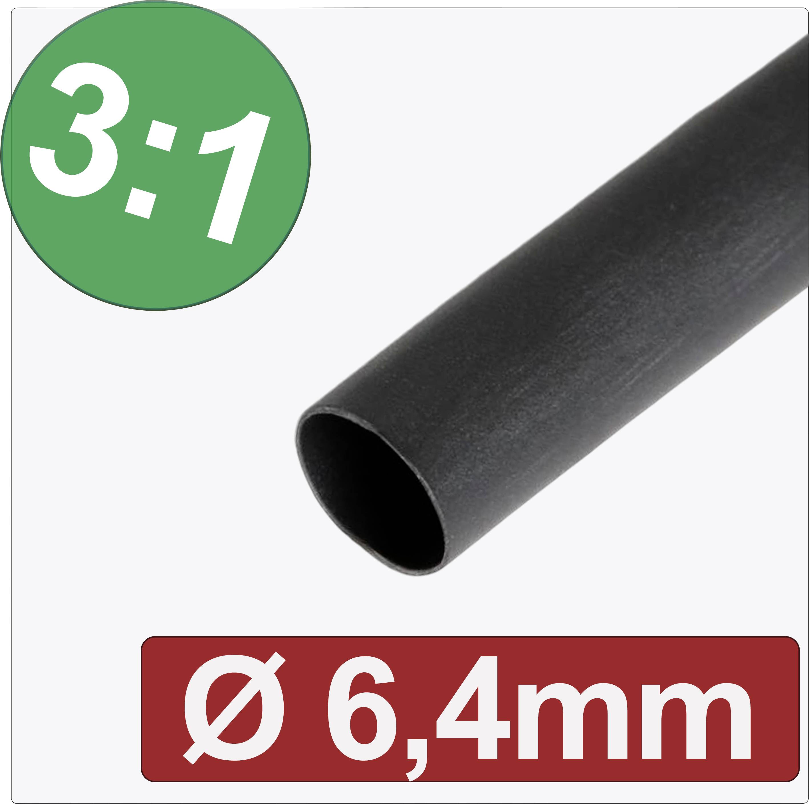 Heat shrink tubing 6.4 mm diameter, 3:1 shrink ratio, black tube on white background.