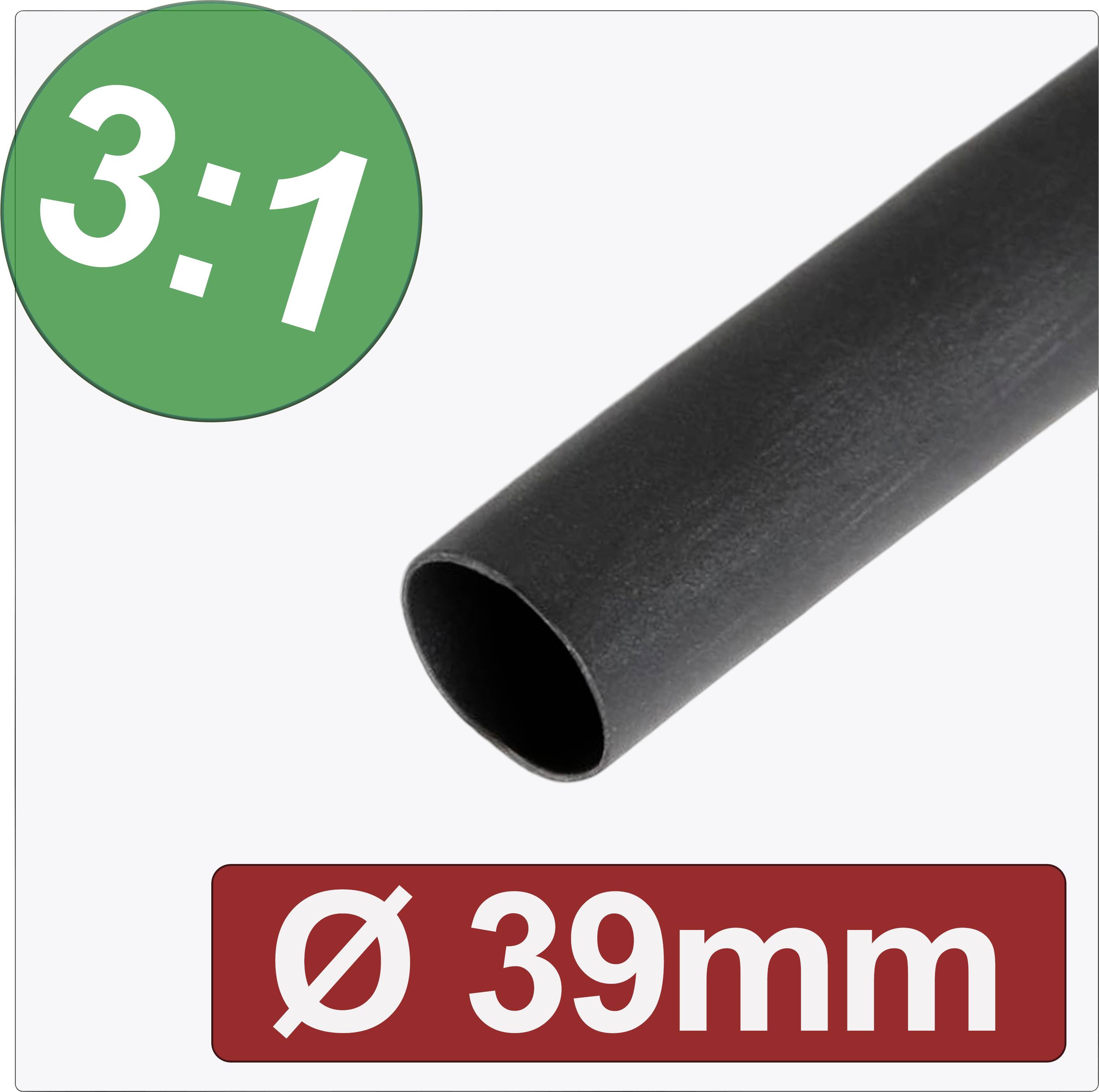 Black heat shrink tubing with a shrink ratio of 3:1 and a diameter of 39 mm.