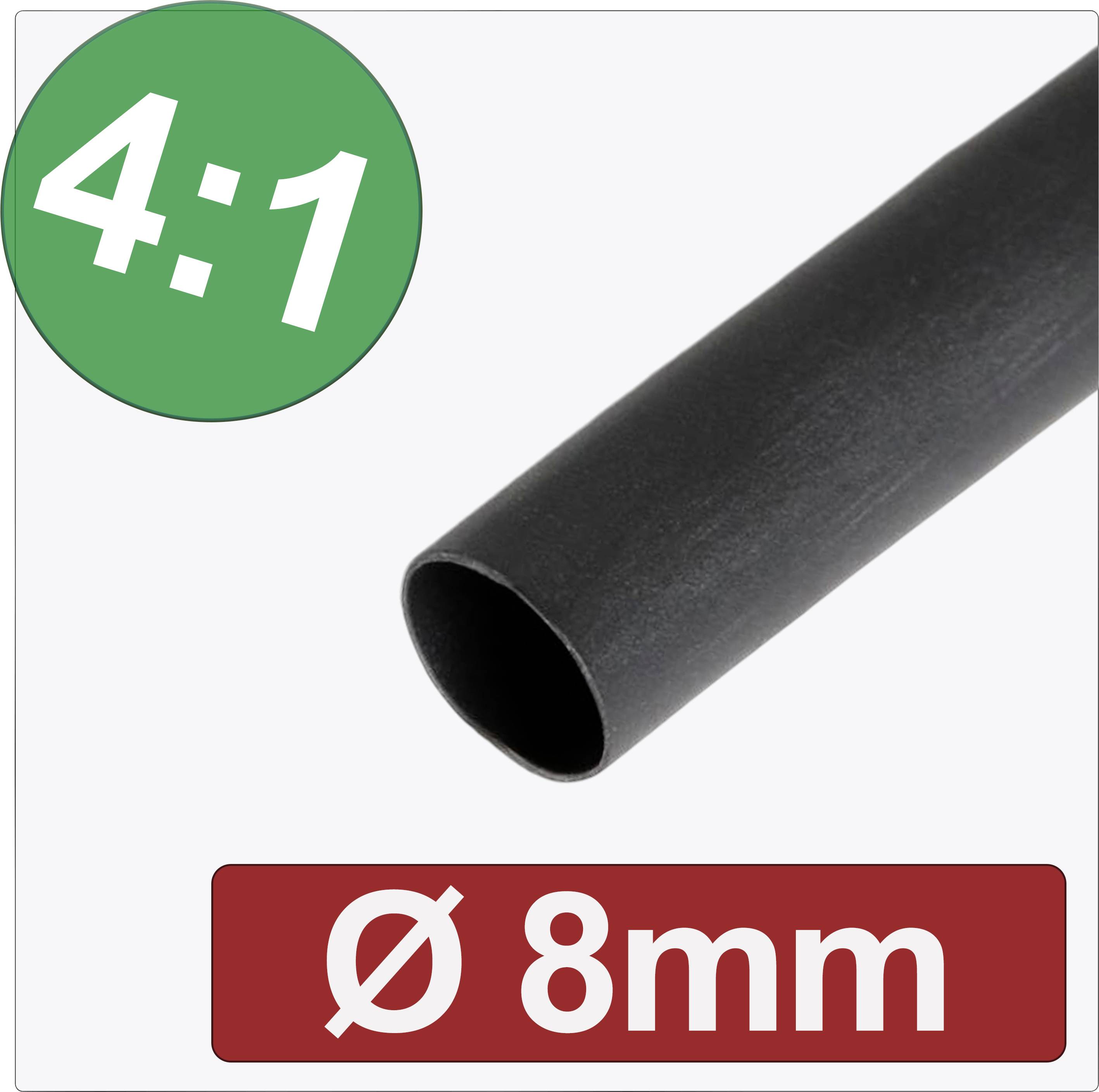 4:1 Heat Shrink Tubing, black tube, diameter 8 mm, shrink ratio 4 to 1.