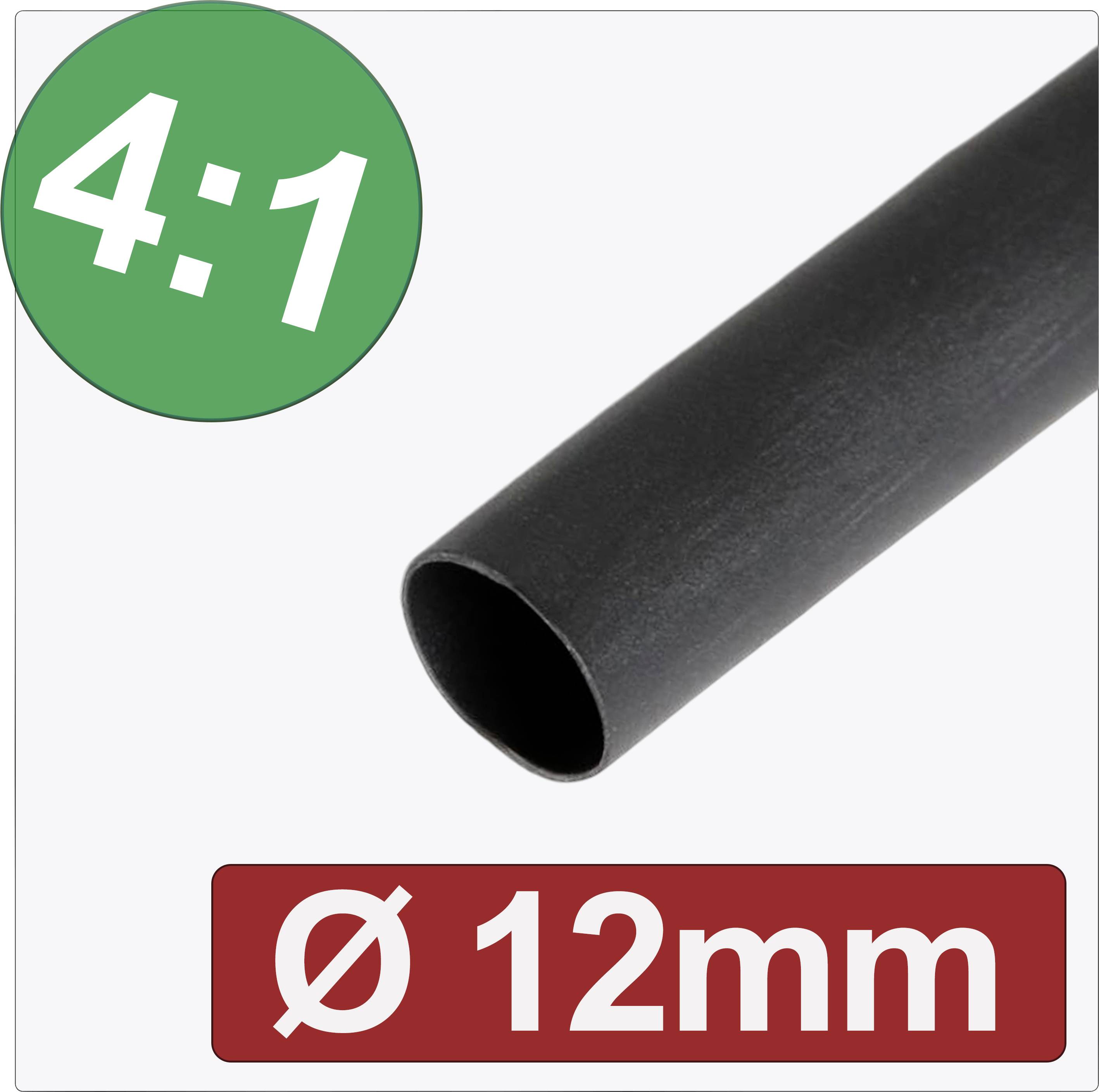 Heat shrink tubing, 4:1 shrink ratio, black, 12 mm diameter. Ideal for insulation and cable protection.