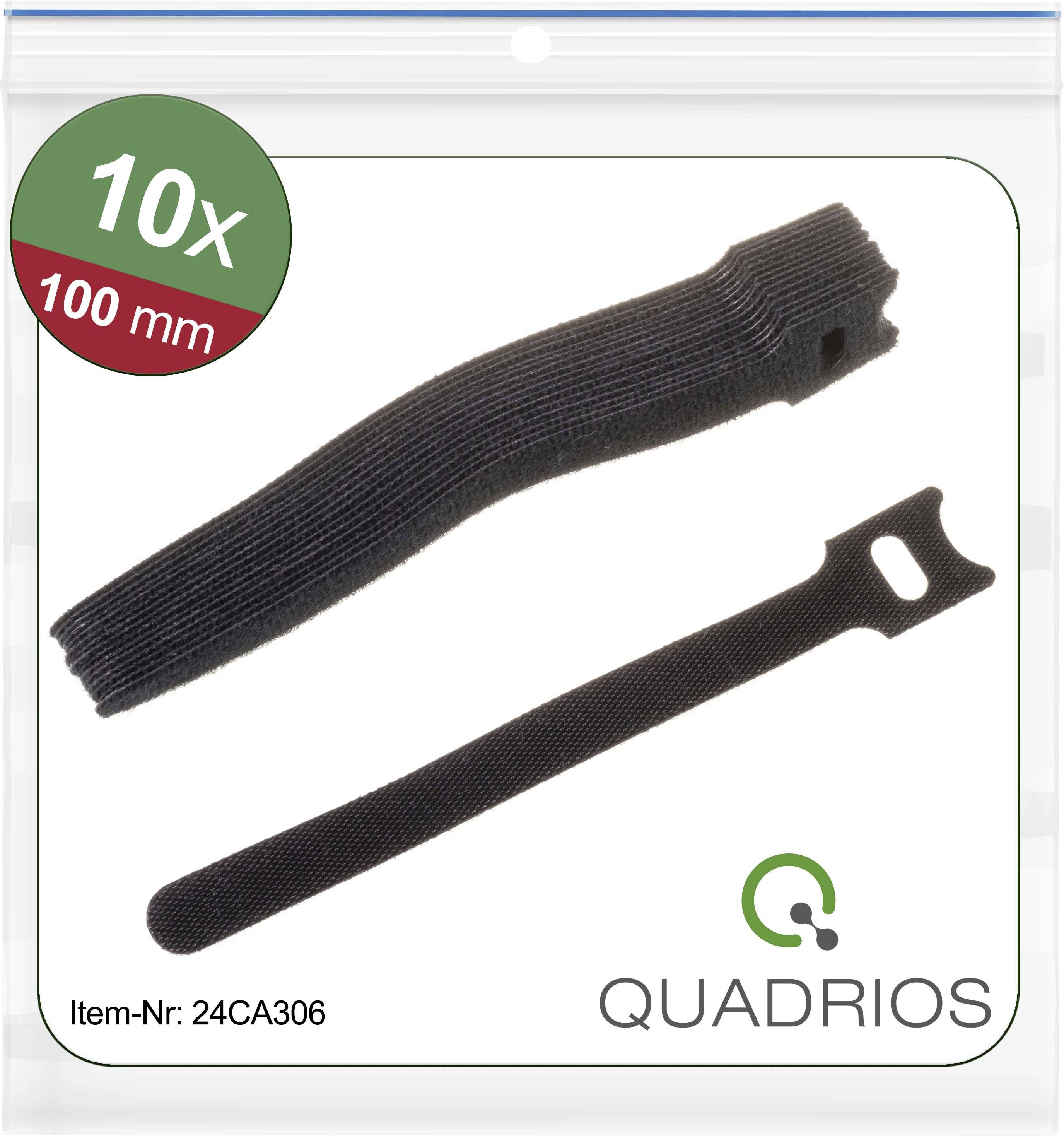 10 black hook and loop cable ties, 100 mm long, depicted in a transparent package by Quadrios, item number 24CA306.
