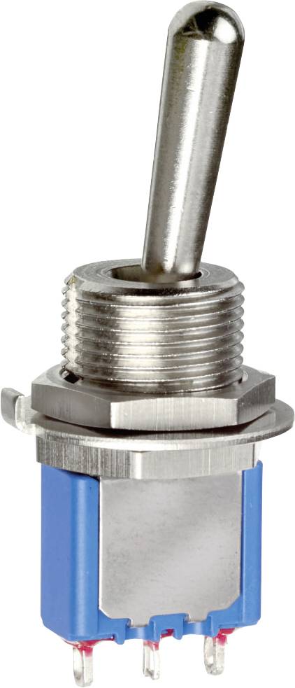 Metal switch with a blue base and silver lever cap, suitable for electronic applications in devices and machines.