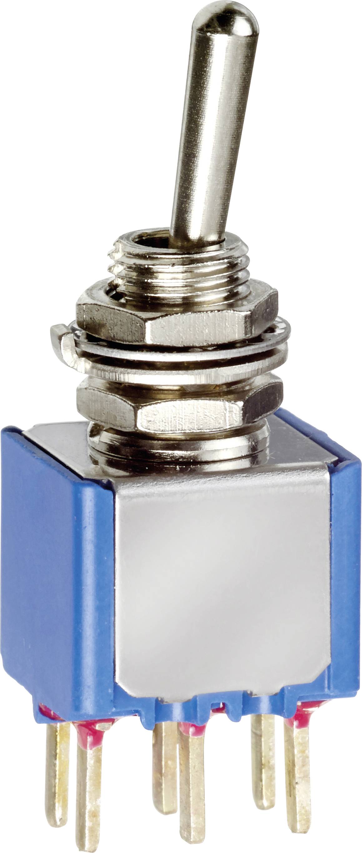A blue toggle switch with a metal lever and multiple pins on the underside, suitable for electronic applications.