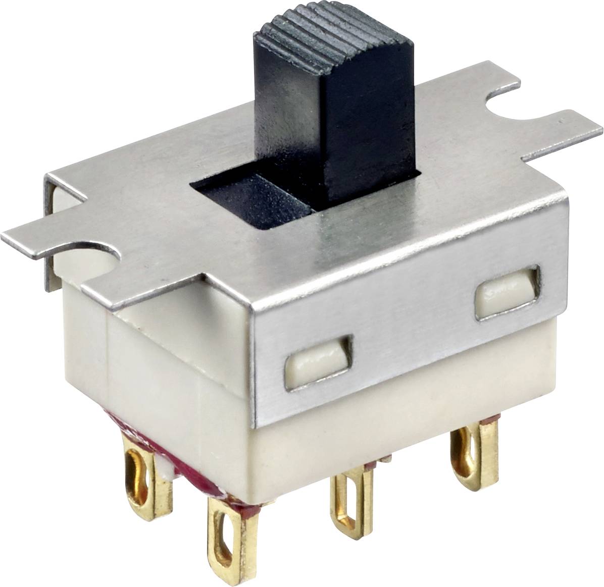 A black toggle switch with a silver metal casing and five gold-coloured terminals.