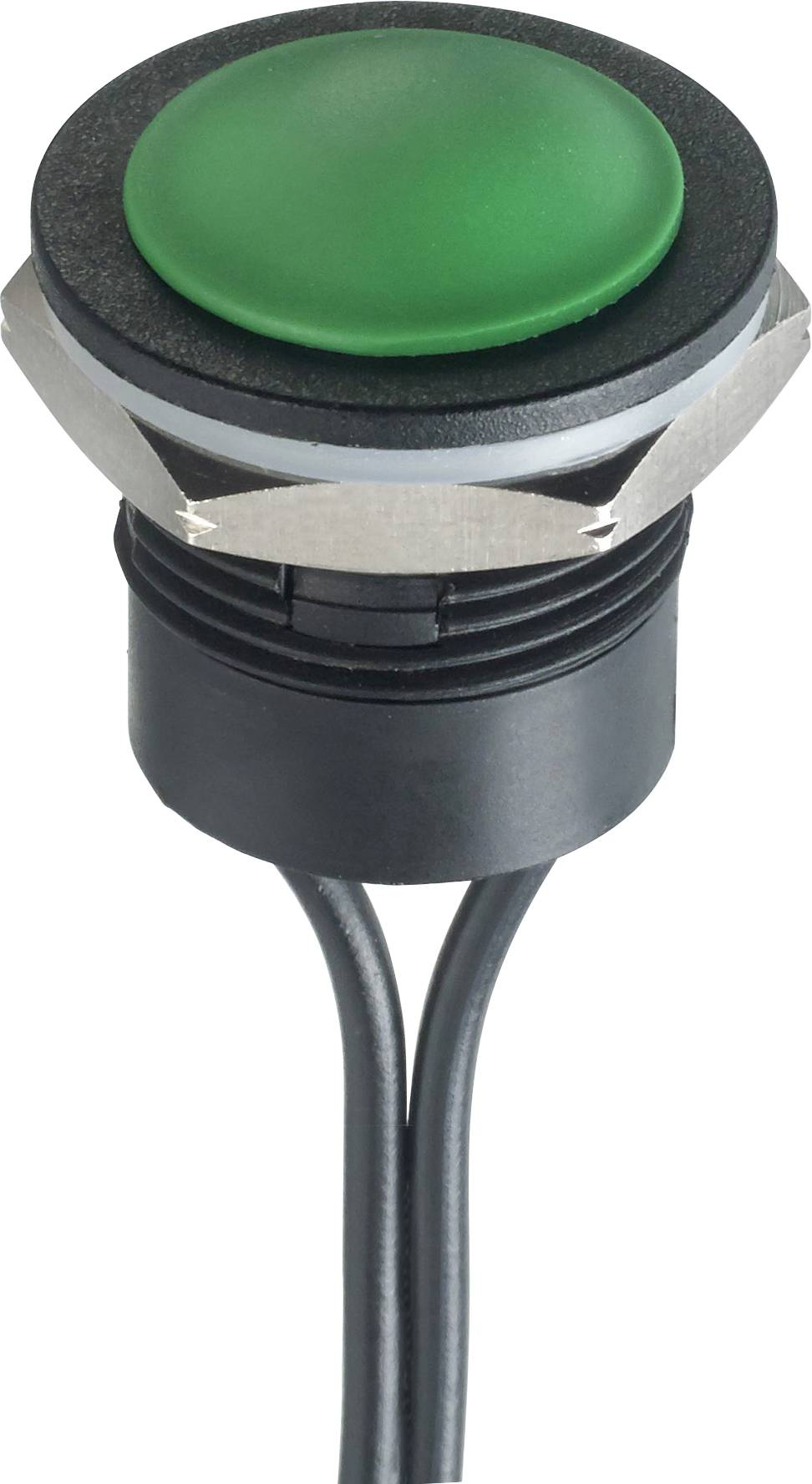 Round green push button with black housing and two cables. Designed for industrial control systems or control panels.