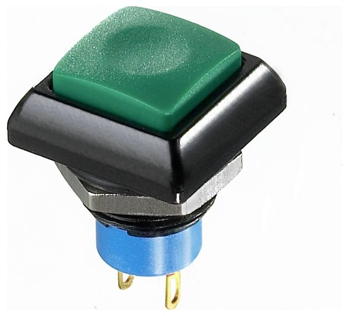 Square pushbutton with green button and black frame. Suitable for electronic applications or control panels.