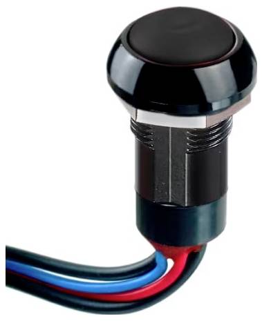 A round, black push button with three protruding cables in blue, red and black; suitable for electronic applications.