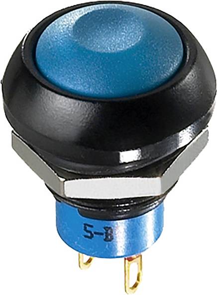 A round blue push button with a black border and two metal contacts. Suitable for electronic devices and control systems.