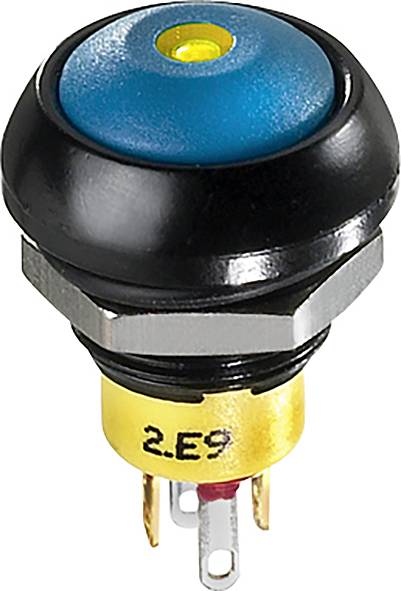 A round pushbutton switch with a blue actuator and yellow marking on a yellow and black housing. Visible metal contacts.