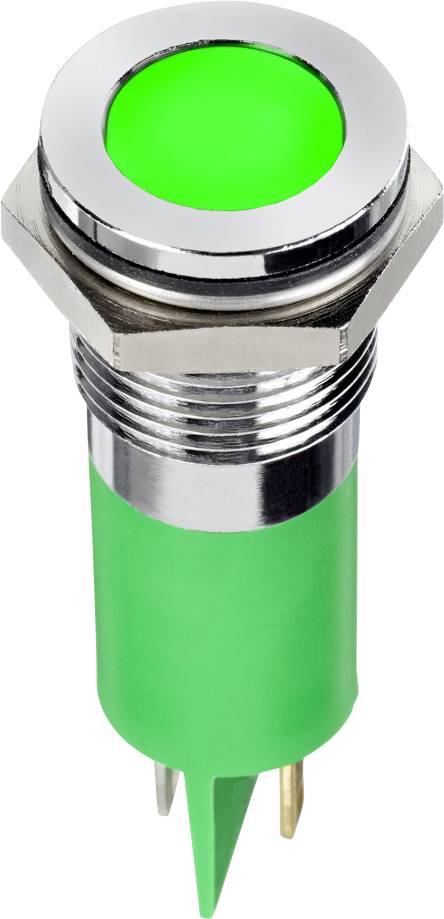 Green metal button with luminous surface, cylindrical with threading, suitable for electronic devices or switches.