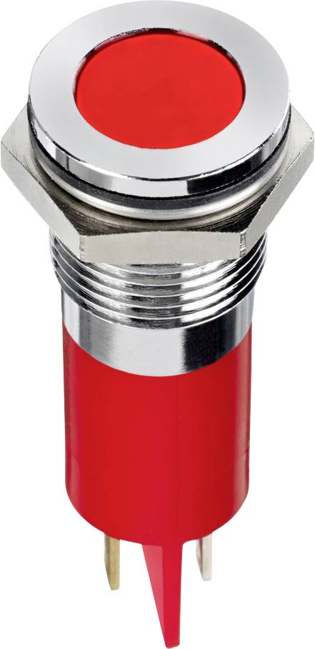Red push button with metal housing, cylindrical, suitable for electrical circuits; side view.