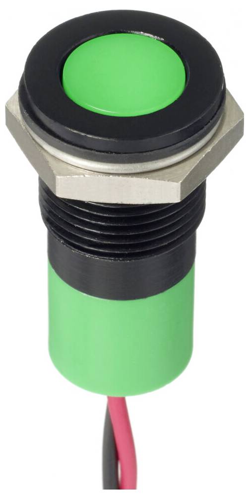 Green LED indicator button in a cylindrical housing with a threaded connection and cable, signalling an active or operational function.