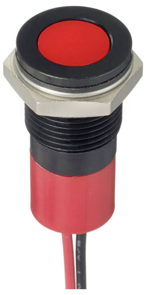 Red push button with black housing, typically used as an on-off switch in electronic devices.