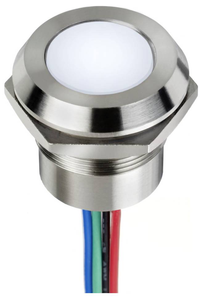A round, metallic LED push button with illuminating white light and coloured cables underneath.