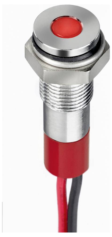 A red metal button with threading and red and black cables, potentially for machine control or electrical equipment.