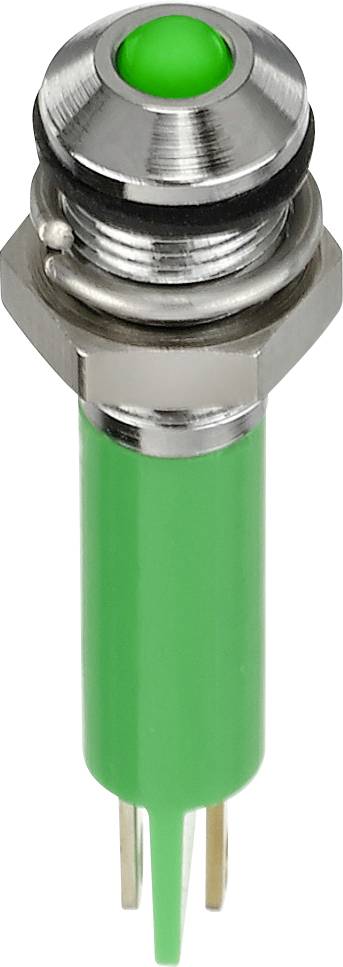 A green metallic push-button switch with a round head and thread, suitable for mounting in control panels or devices.