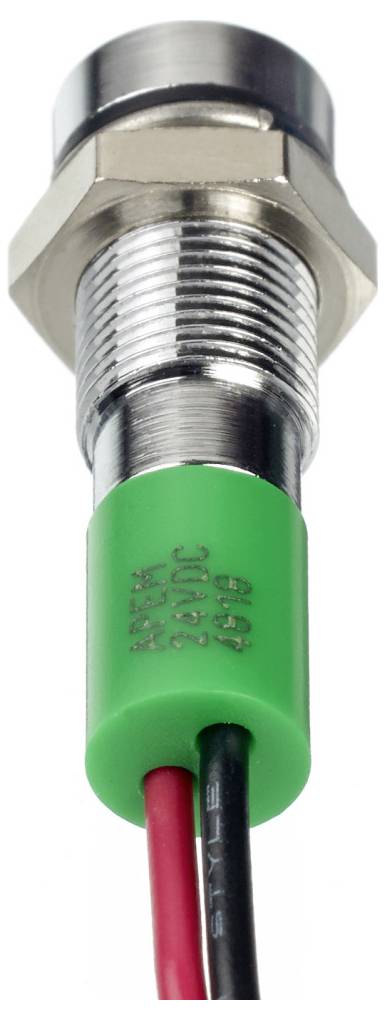 A cylindrical metal plug with threading, surrounded by a green plastic sleeve. Two wires protrude from the bottom.