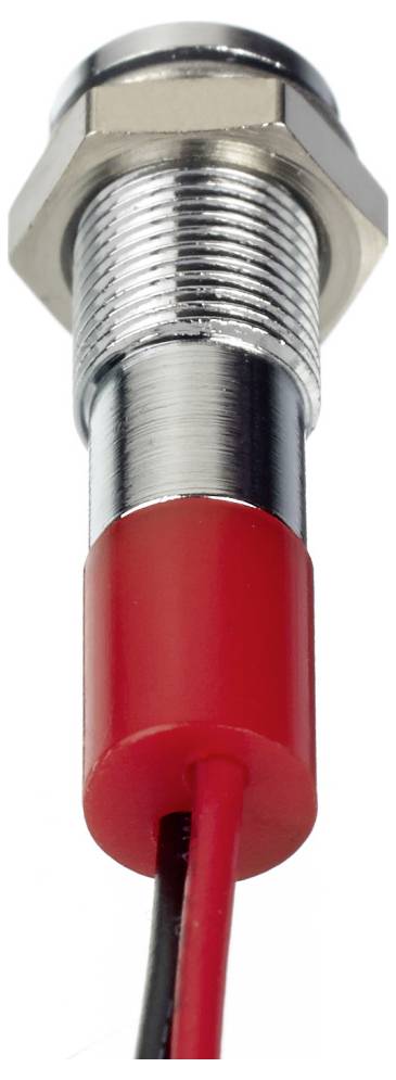 Metal sensor with a red casing and two connected wires, likely for industrial or electronic use.