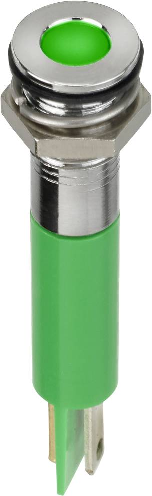 Green LED push-button switch with metal housing, illuminated.