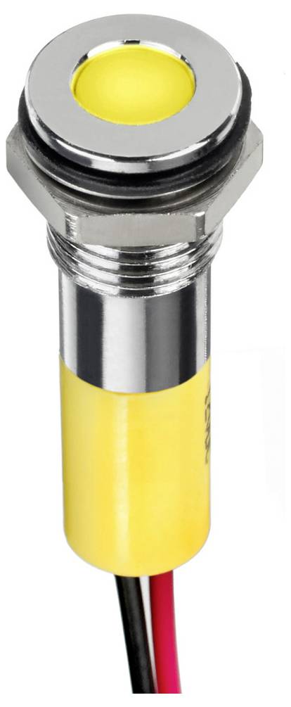 A yellow LED light indicator with a metal casing and two connected cables, red and black, for electrical signal displays.