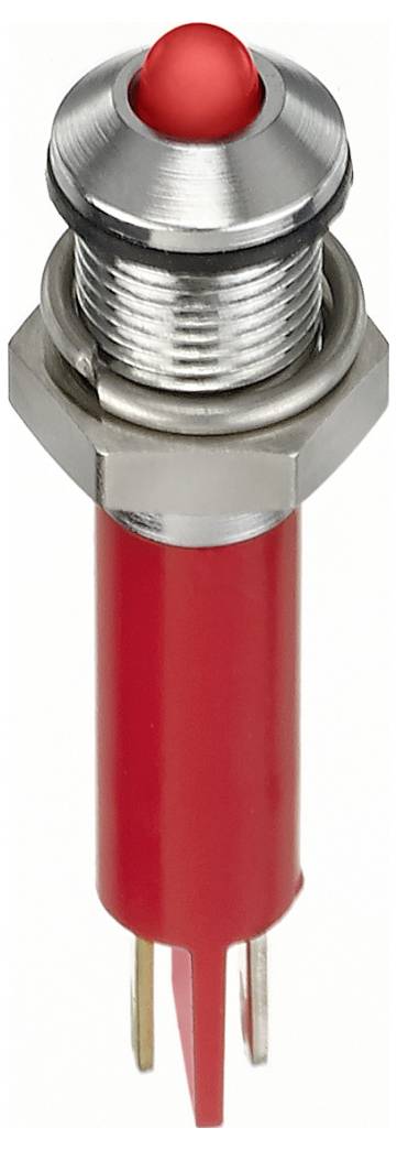 A red pushbutton switch with a metal enclosure and threaded mounting, suitable for installation in electronic devices.