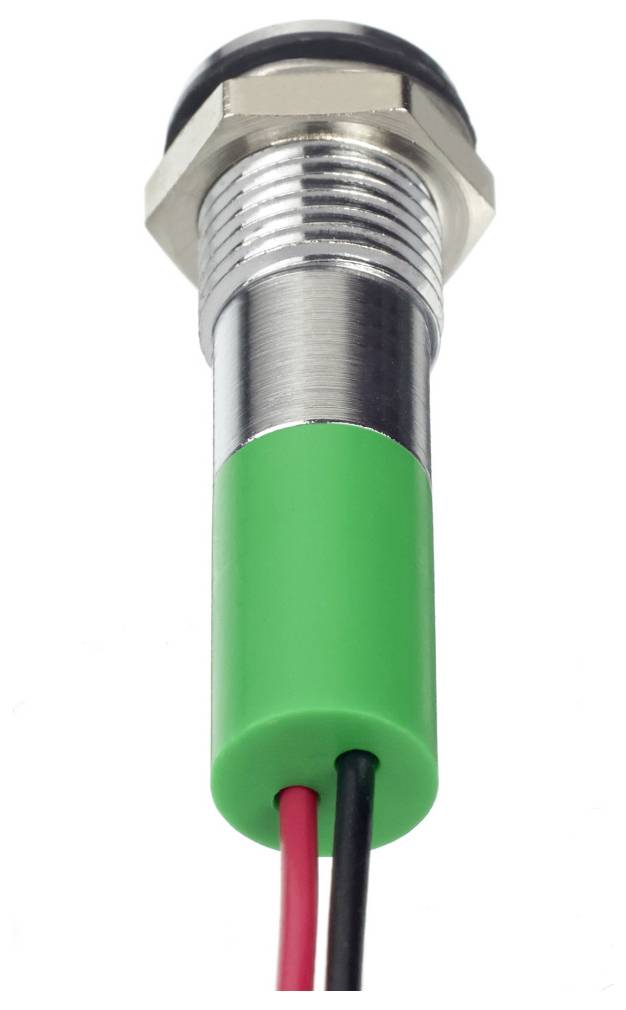 A cylindrical, green sensor with a metal threaded end and two power cables, one red and one black.