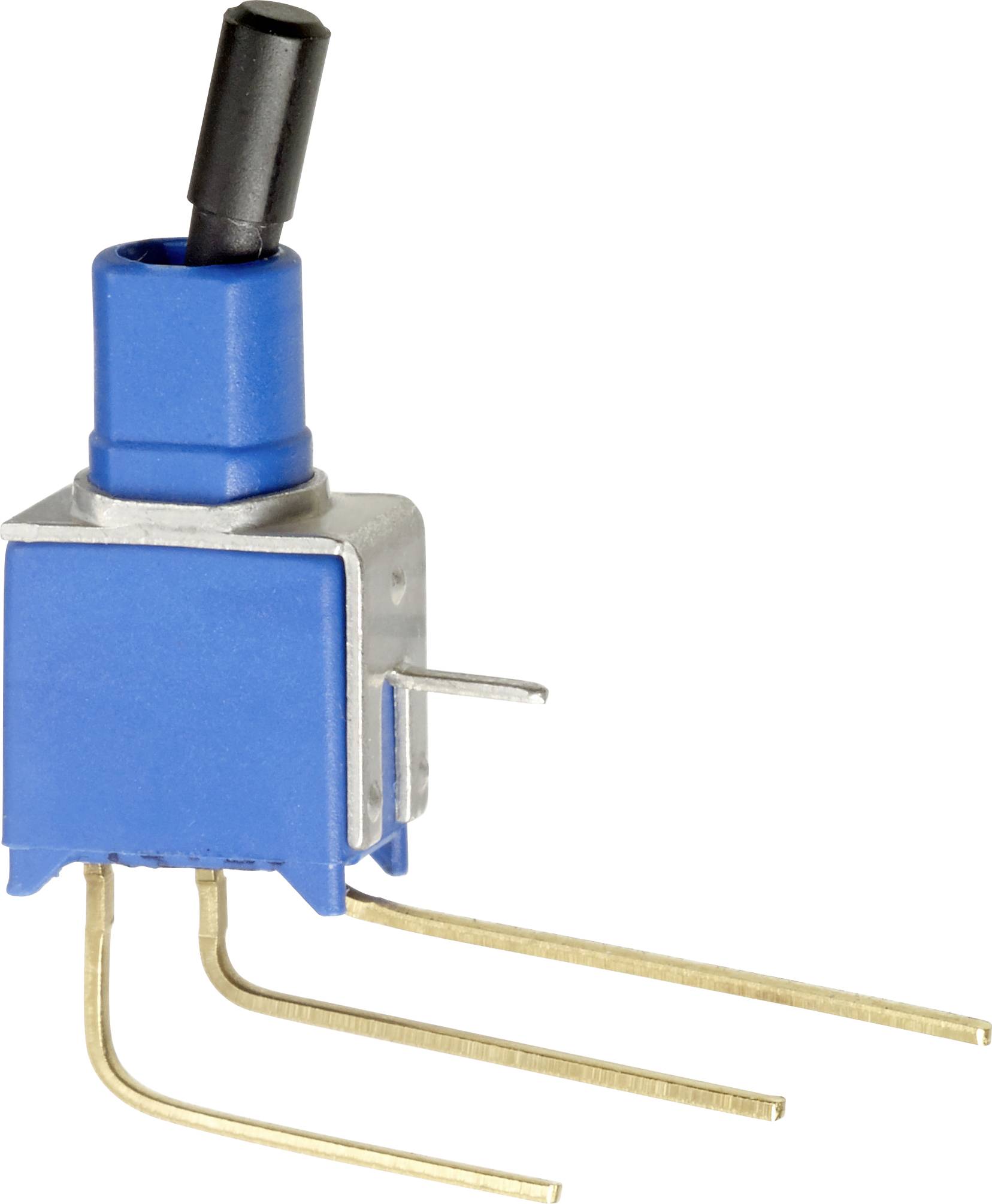 Blue, two-pole changeover switch housing with a black lever on top and three metal terminals at the bottom.