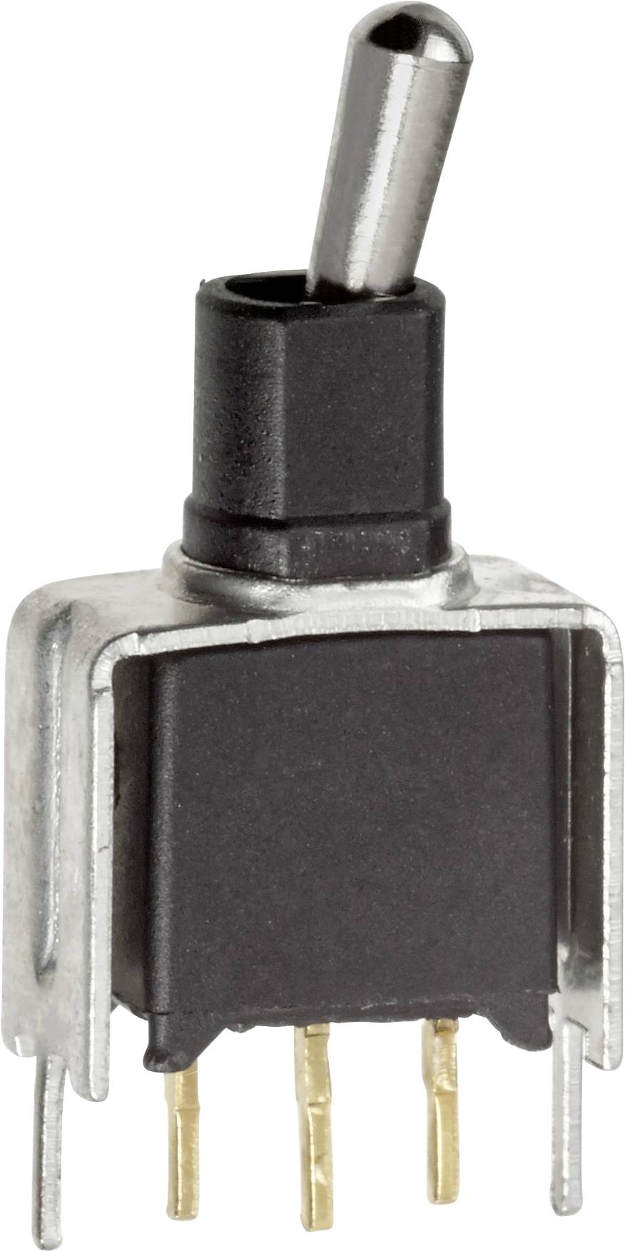 A toggle switch with a black casing and three gold-coloured terminals, in the 'On' position.