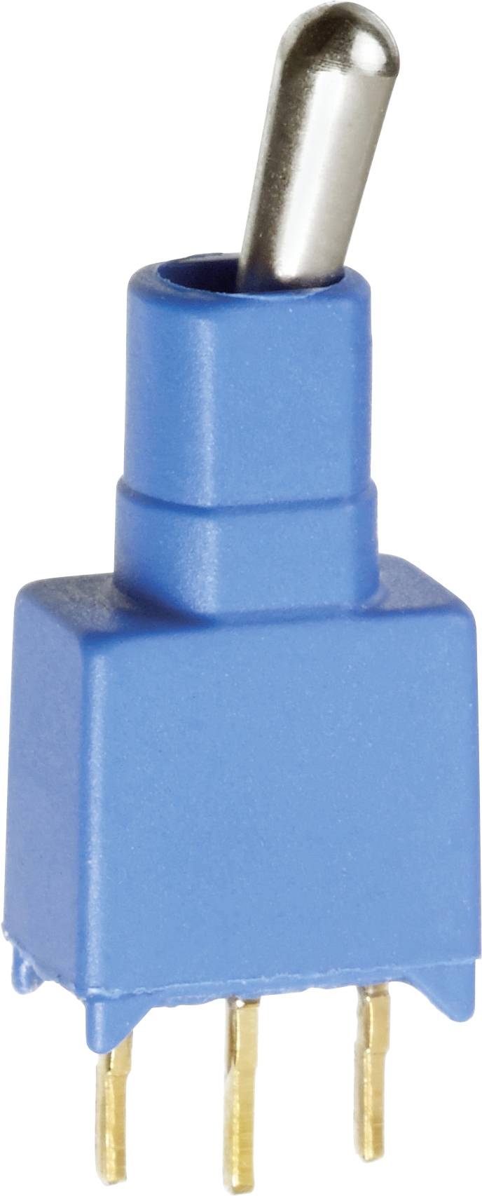A blue toggle switch with three golden terminals and a metallic lever.