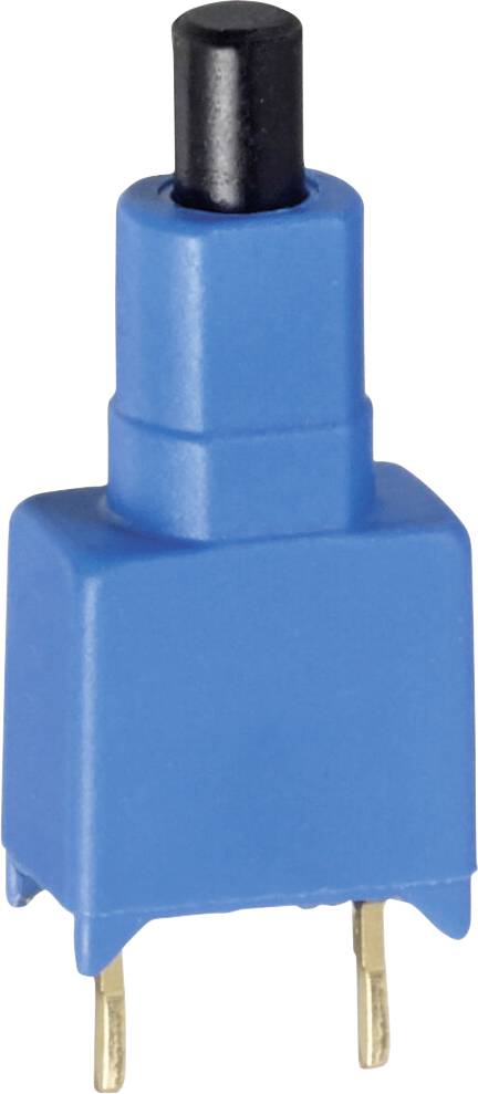 A blue touch switch with a black button, standing upright. Four gold-coloured contacts protrude downwards for mounting.