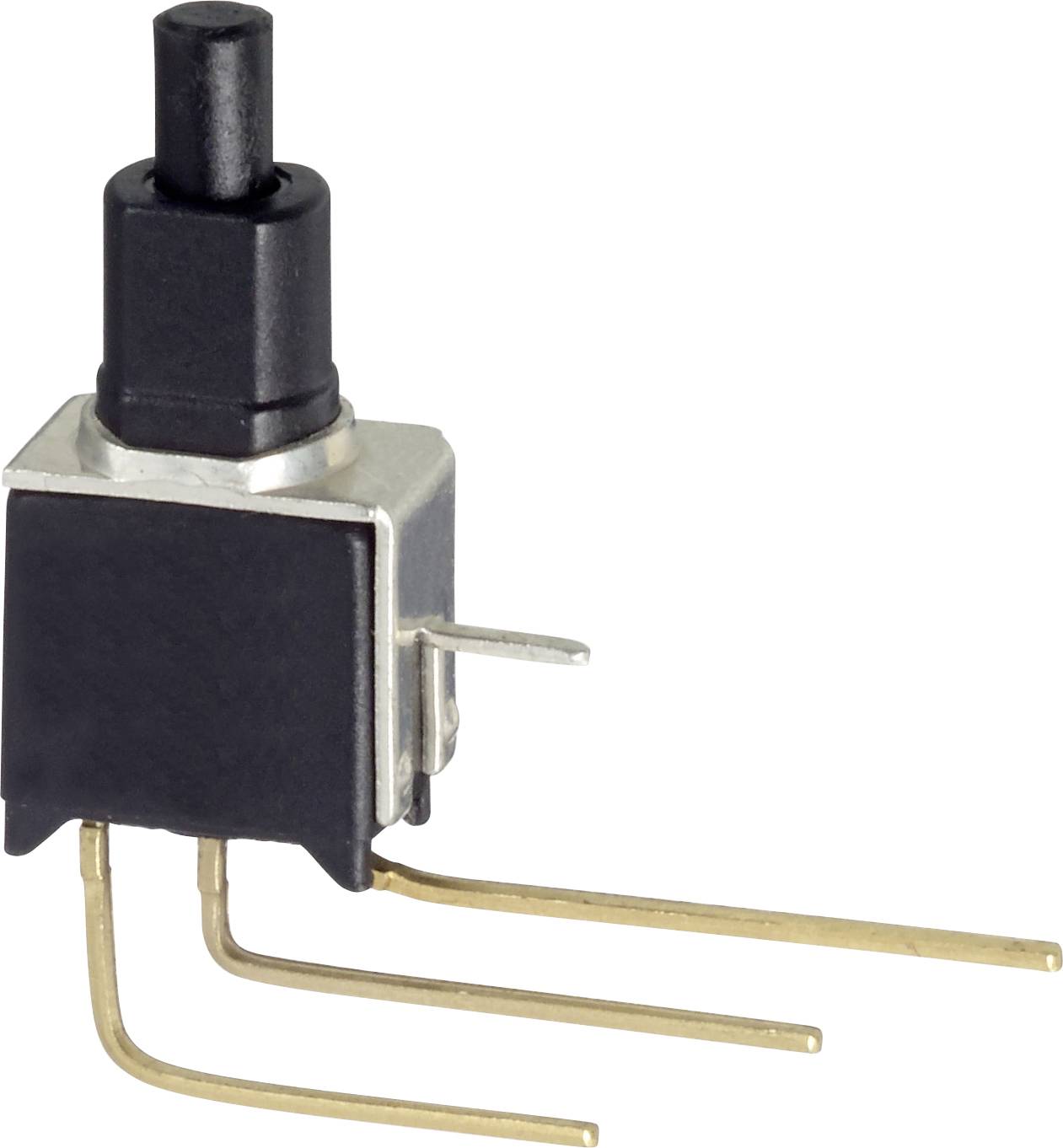 Microswitch with black button, rectangular housing and three metal terminals for use in electronic devices.