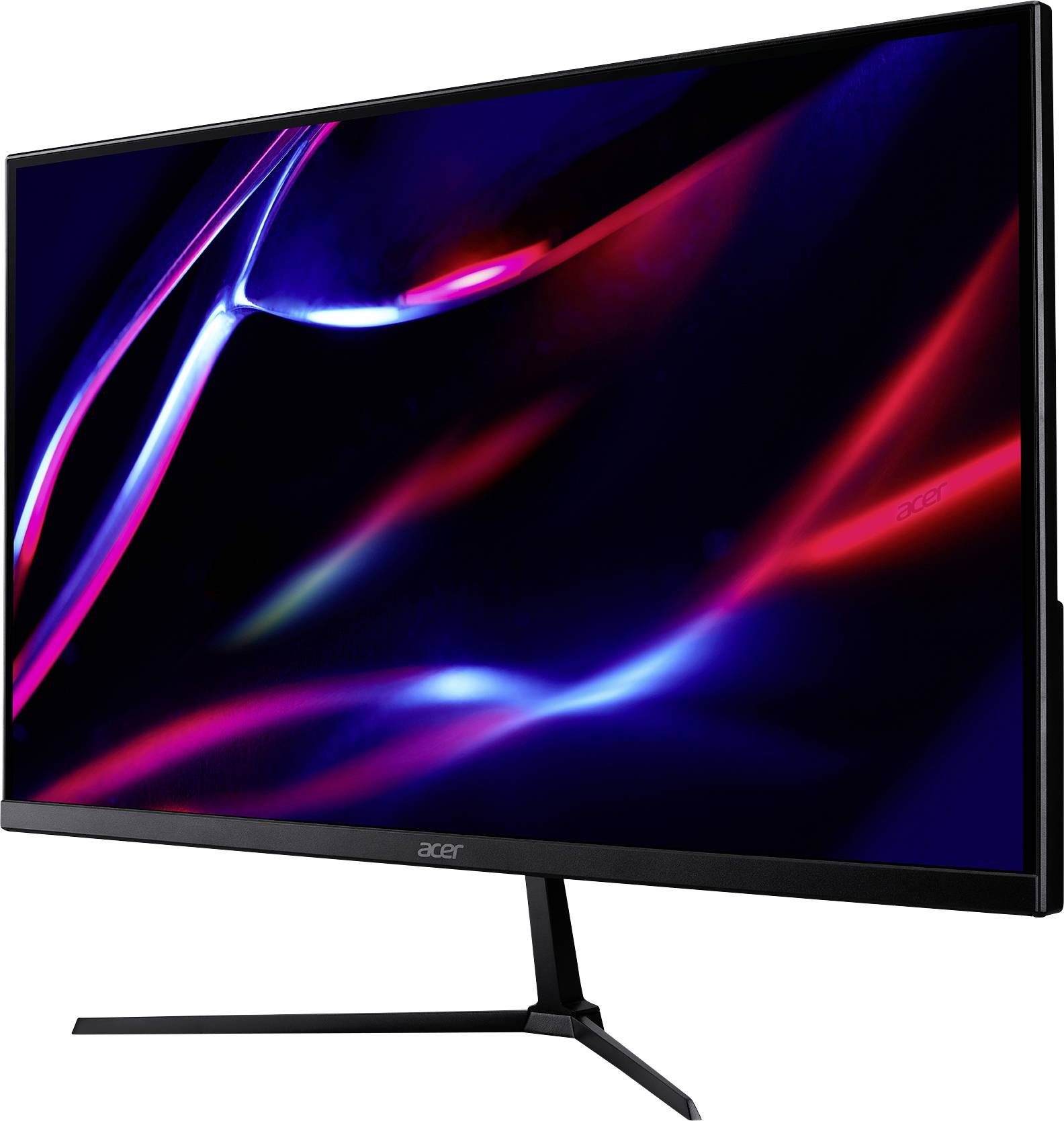 A modern computer monitor with a black frame displays an abstract representation of glowing red and blue light streaks.