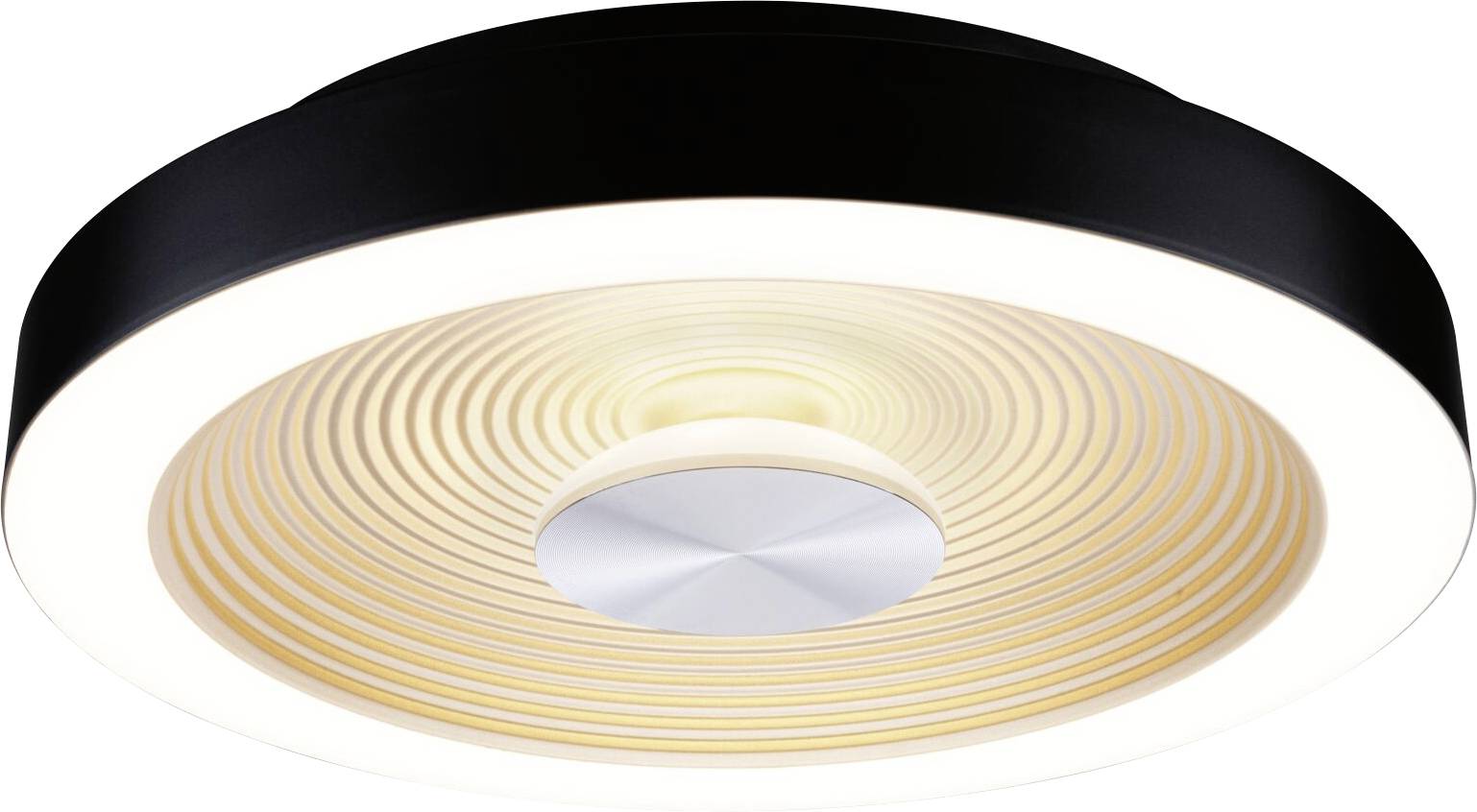 A round ceiling light with a central silver element, surrounded by concentric circles that emit a warm light.