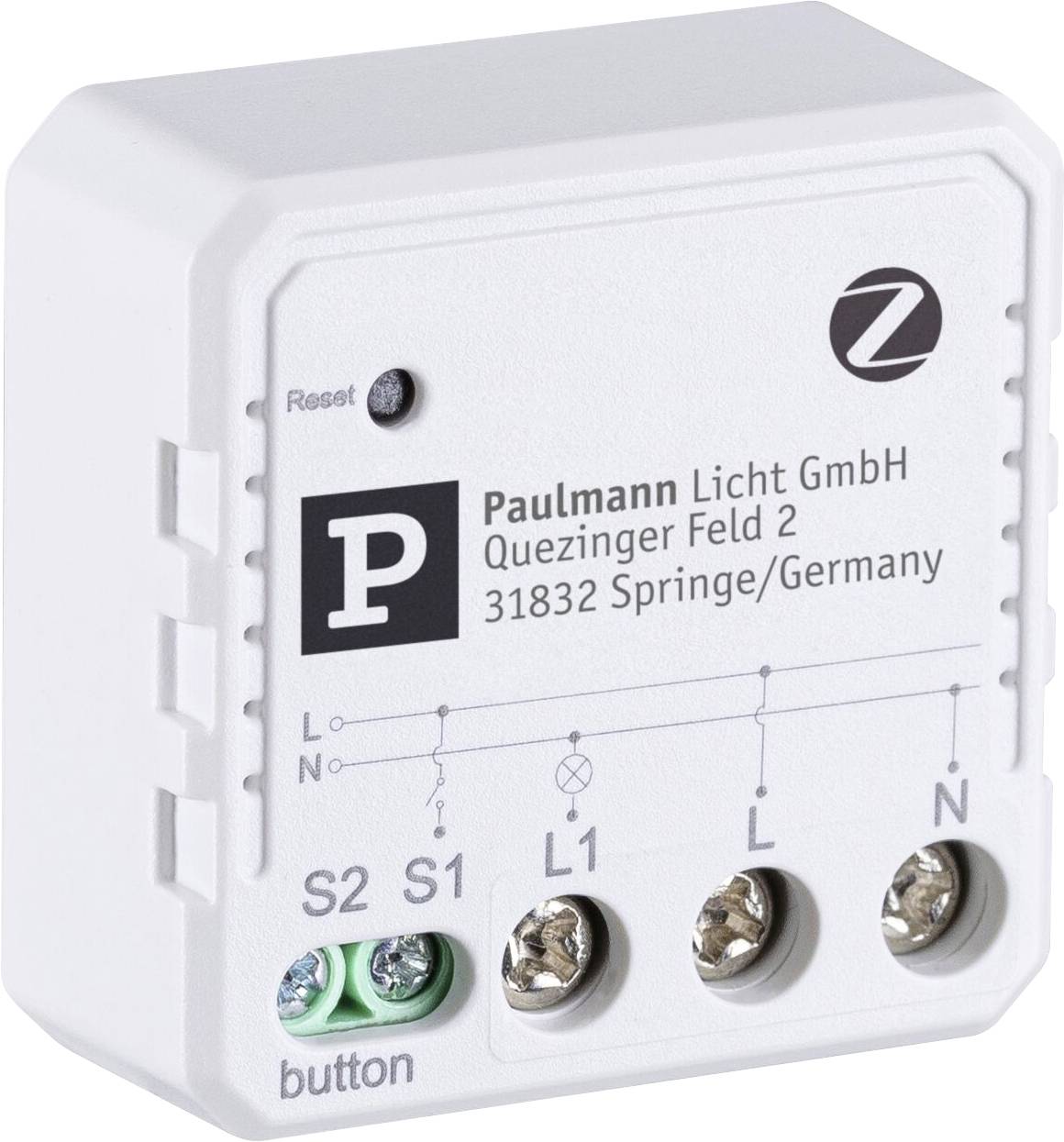 A white switch with brand logo, terminals for L1, L2, S1, S2, N, reset button and company information from Paulmann Licht GmbH.