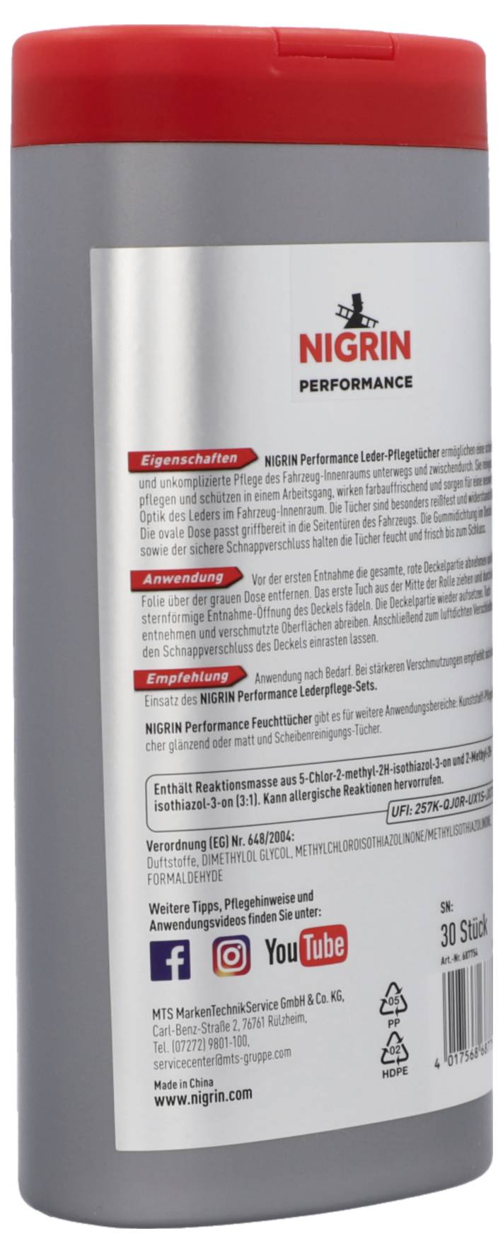 'Leather Care Pack' shows details of the properties, application, and composition of the product by Nigrin Performance.