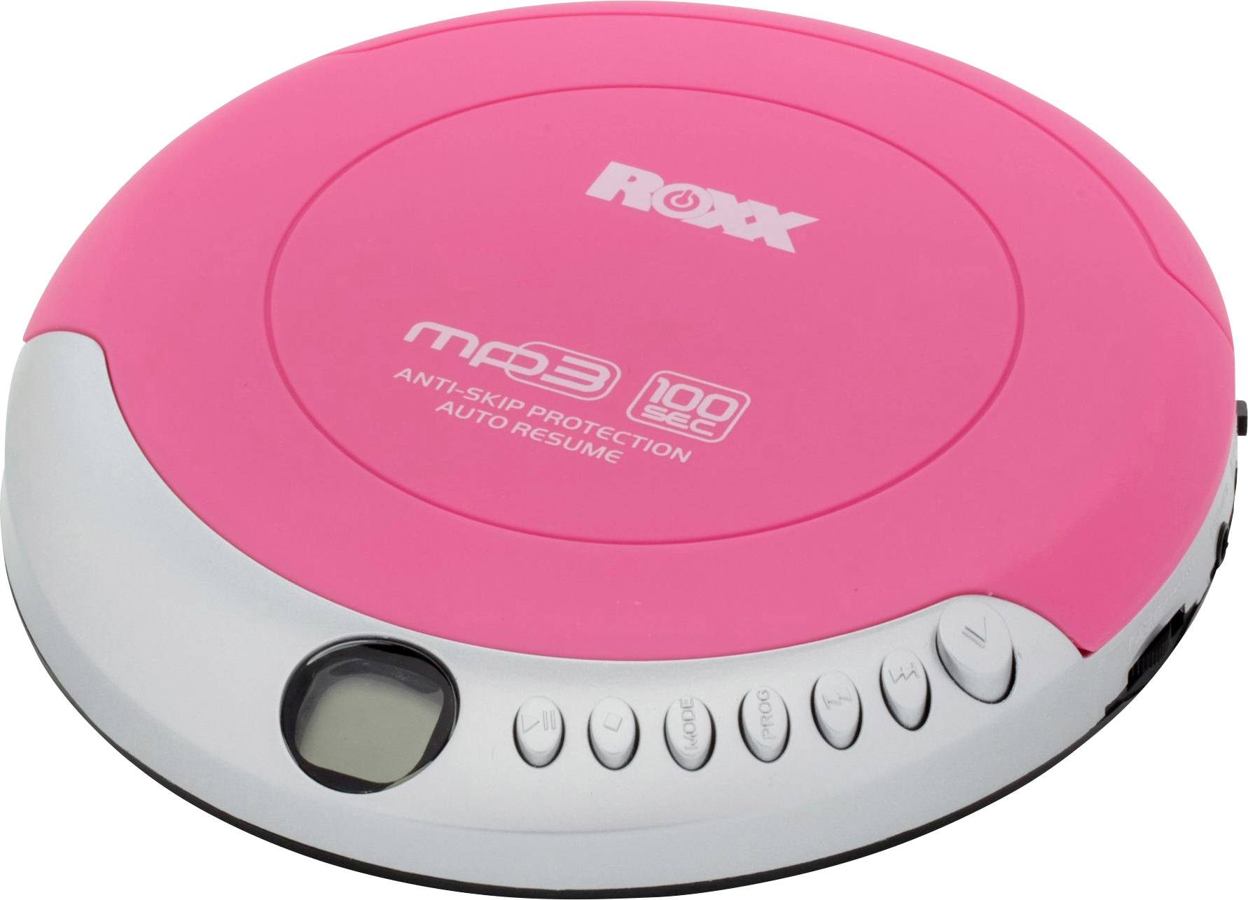 A pink portable CD player with 'mp3', 'ANTI-SKIP PROTECTION' written on it and several control buttons on the front.