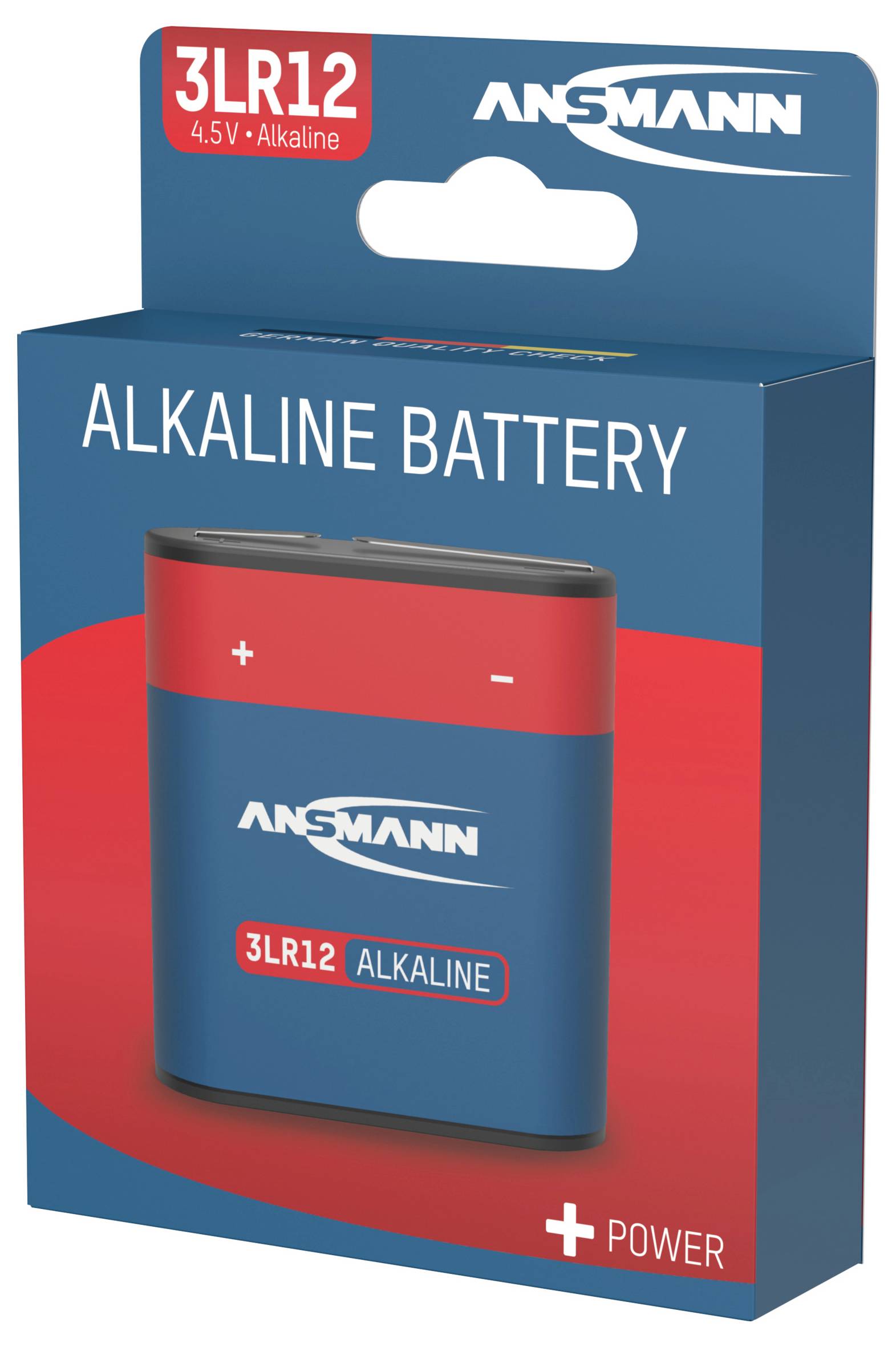 Packaging of an Ansmann Alkaline Battery, Type 3LR12, 4.5V. Print reads '3LR12 ALKALINE'. Primary colours are Blue and Red.