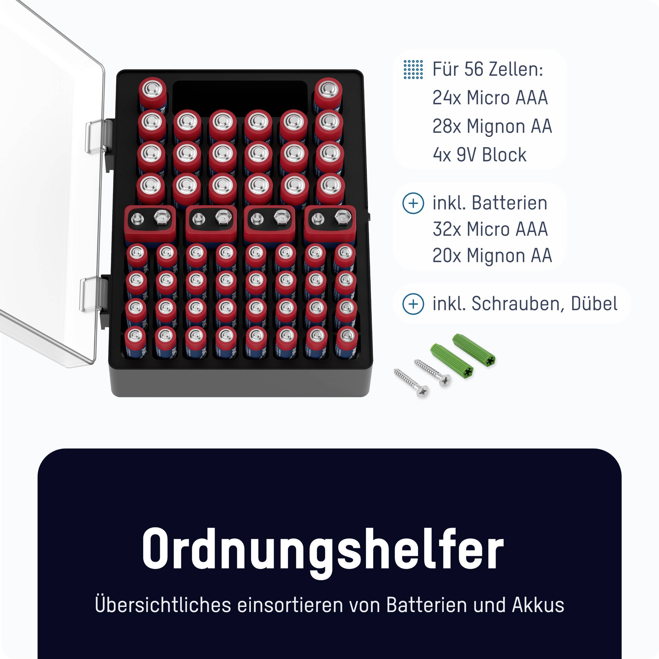 Battery holder for AA and AAA batteries, with capacity for 56 cells. Includes screws and wall plugs for mounting.