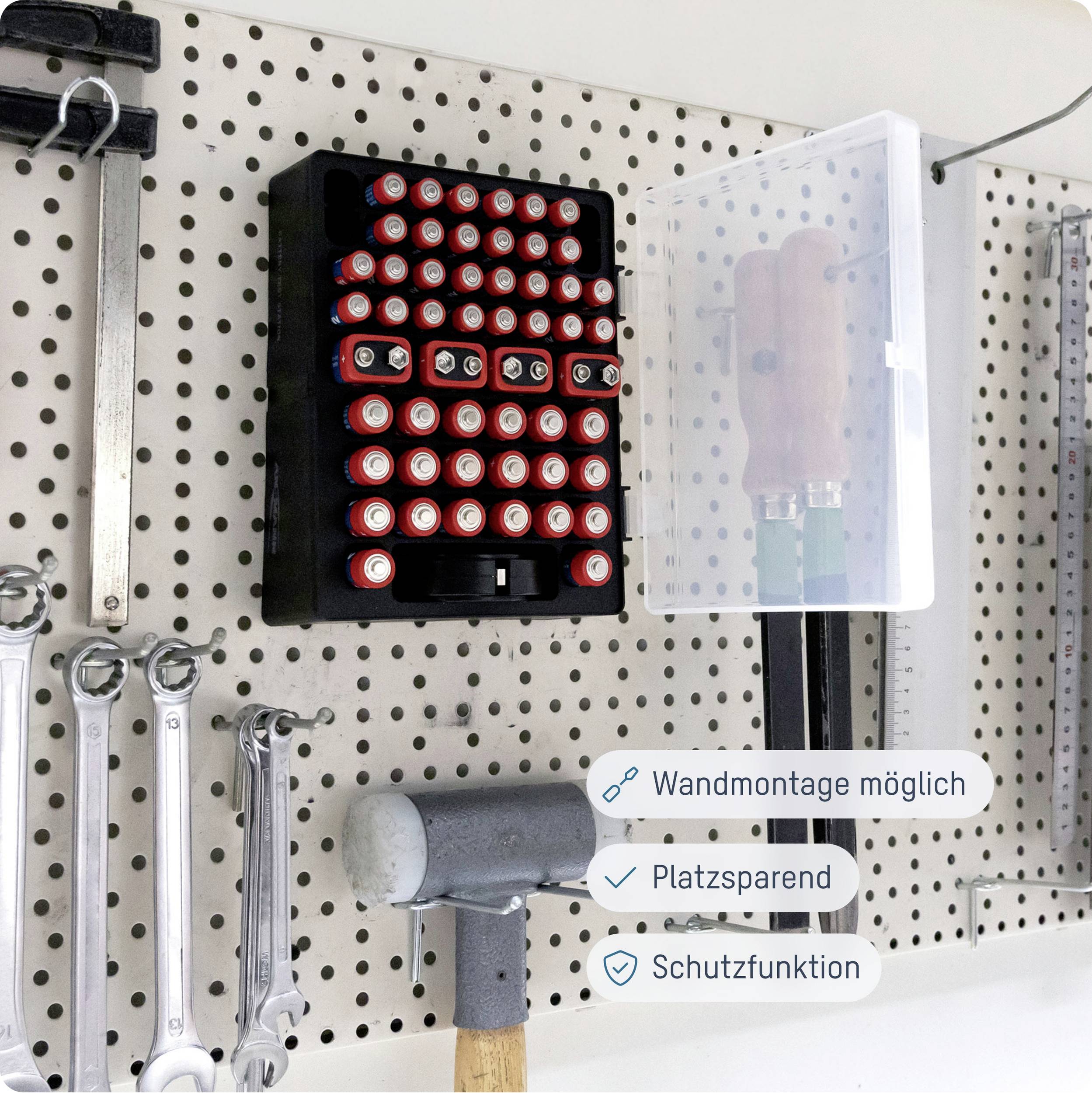 A wall-mounted rack displays batteries, spanners and tools on a perforated board. The text highlights mounting options and protective functions.