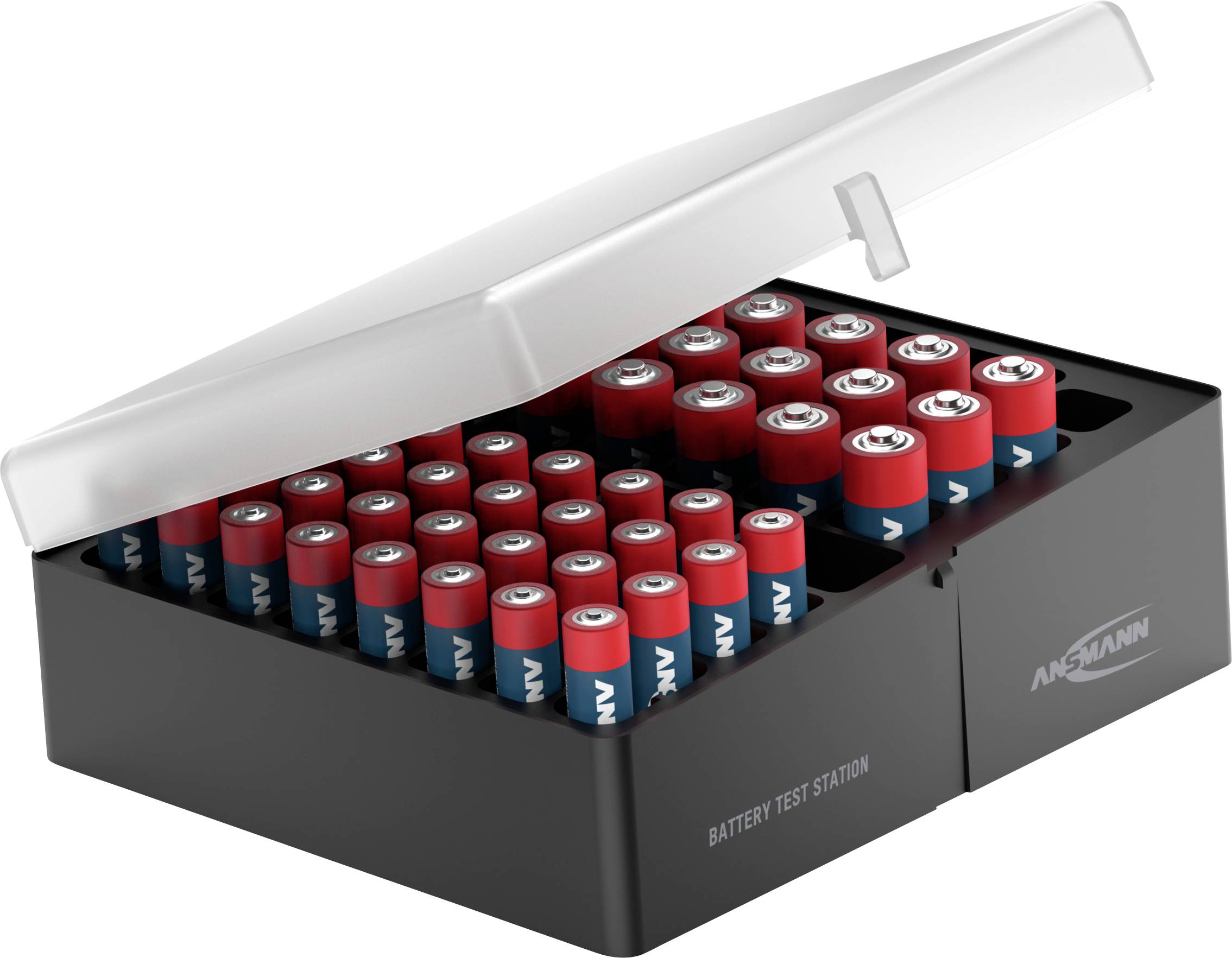Battery testing station with open lid, filled with numerous AA batteries, marked with 'Ansmann'.
