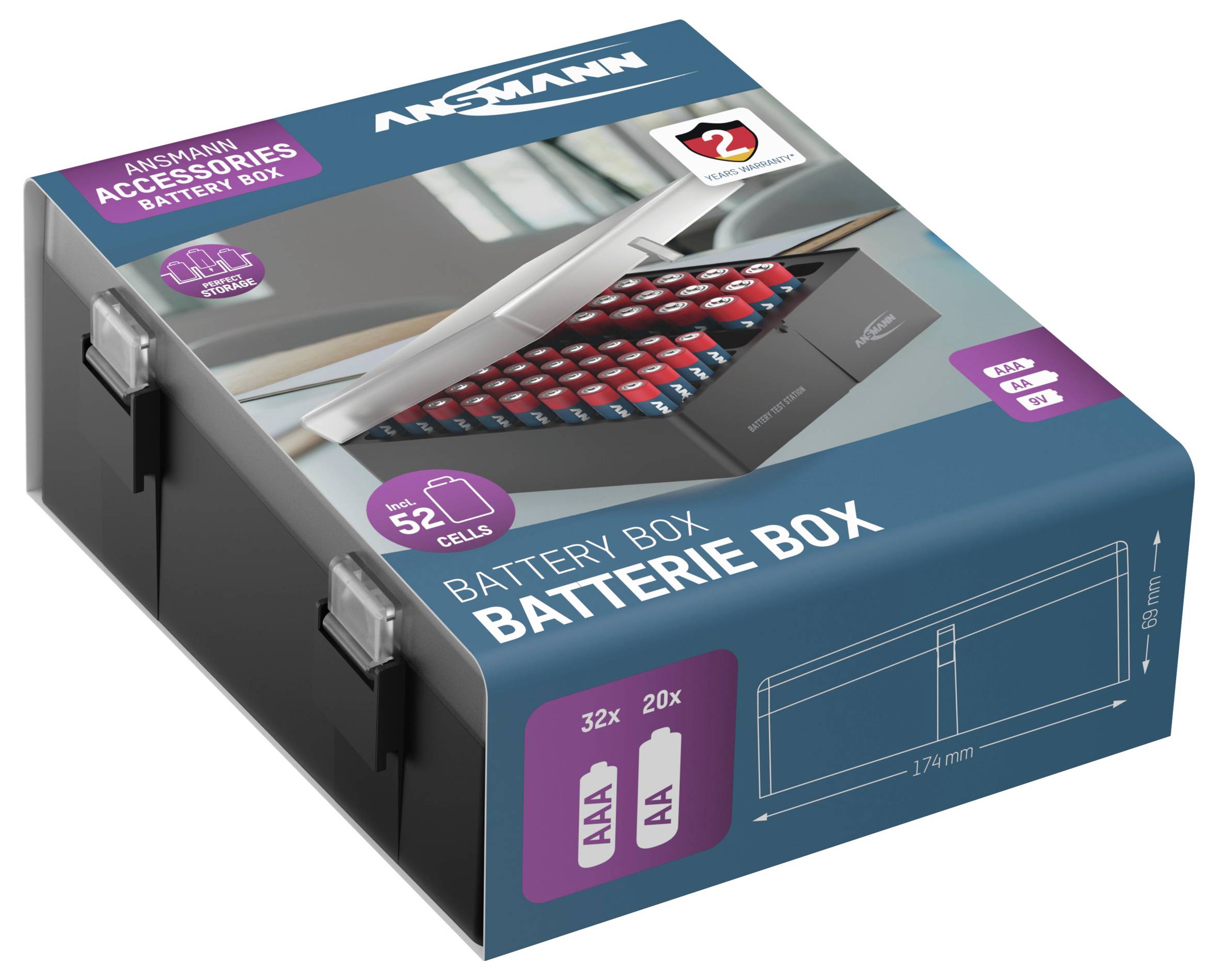 Ansmann Battery Box for 52 Batteries. Suitable for AAA and AA Batteries. Contains 32 AAA and 20 AA Compartments. Size: 174x118x68 mm.