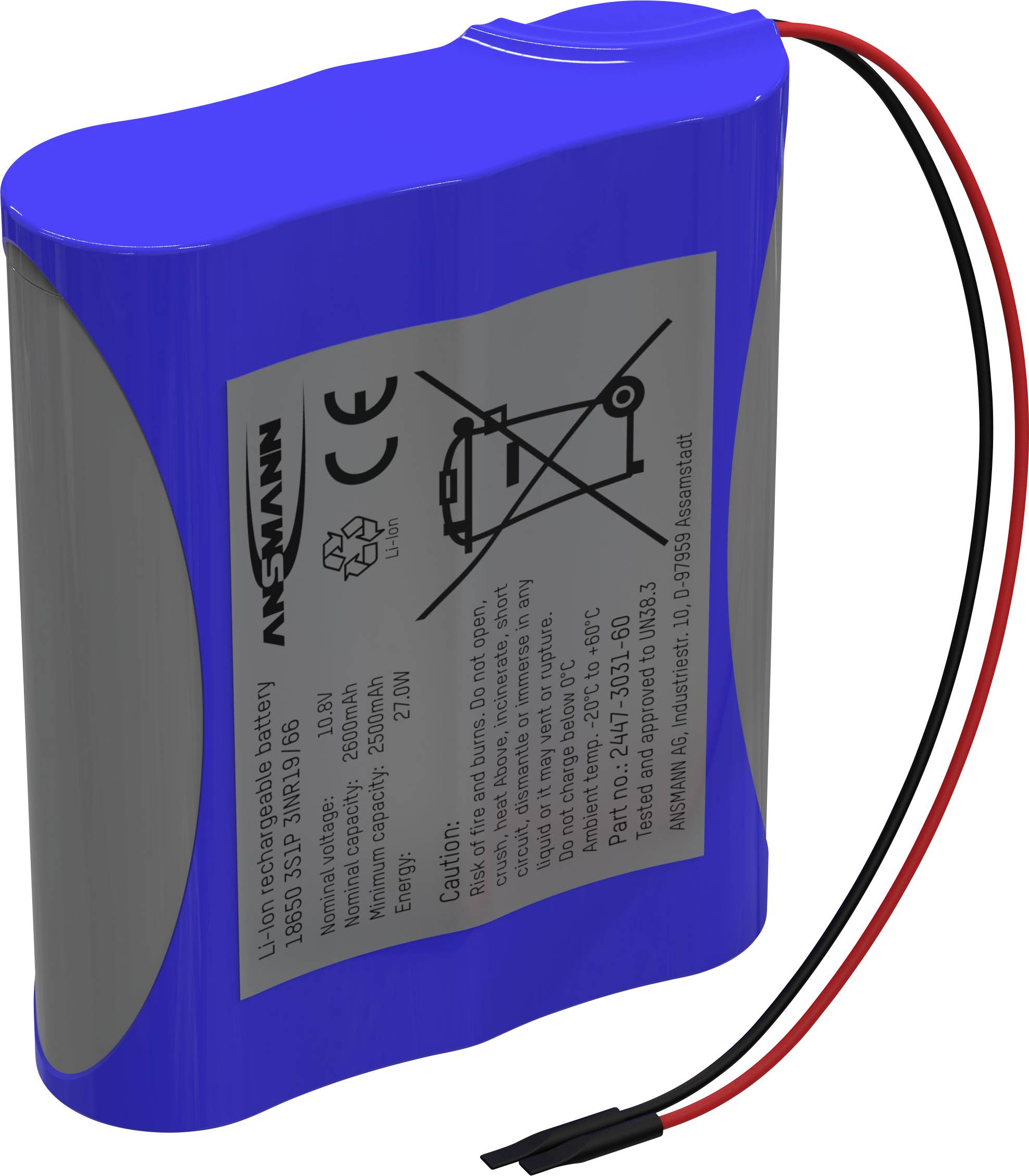 Ansmann 3S1P Battery pack 3x 18650 Cable Li-ion 10.8 V 2600 mAh